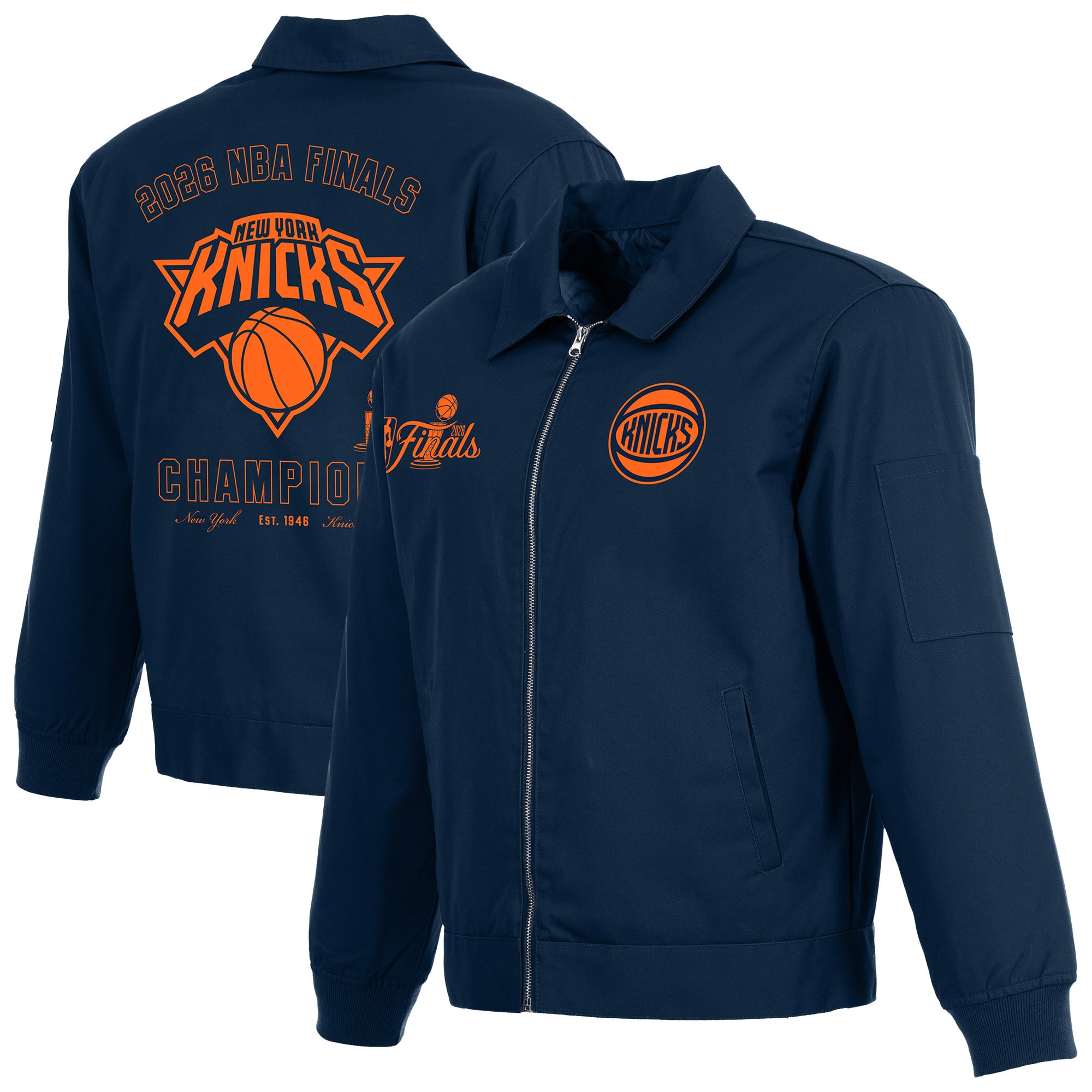 JH Design Herren-Arbeitsjacke in Marineblau, New York Knicks, NBA-Finals-Champions 2026, aus Baumwoll-Twill, mit durchgehendem Reißverschluss