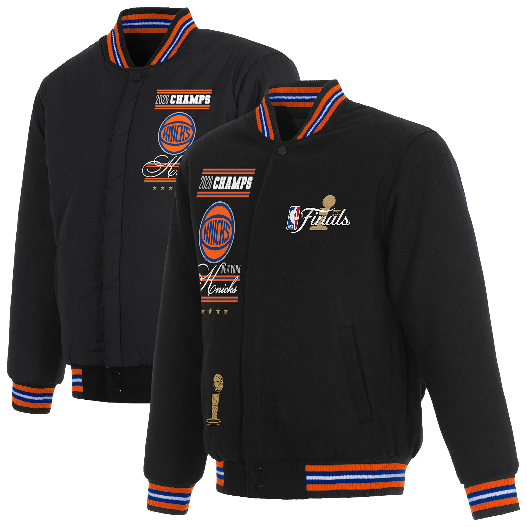 Men's JH Design Black New York Knicks 2026 NBA Finals Champions Full-Snap Reversible Wool Jacket