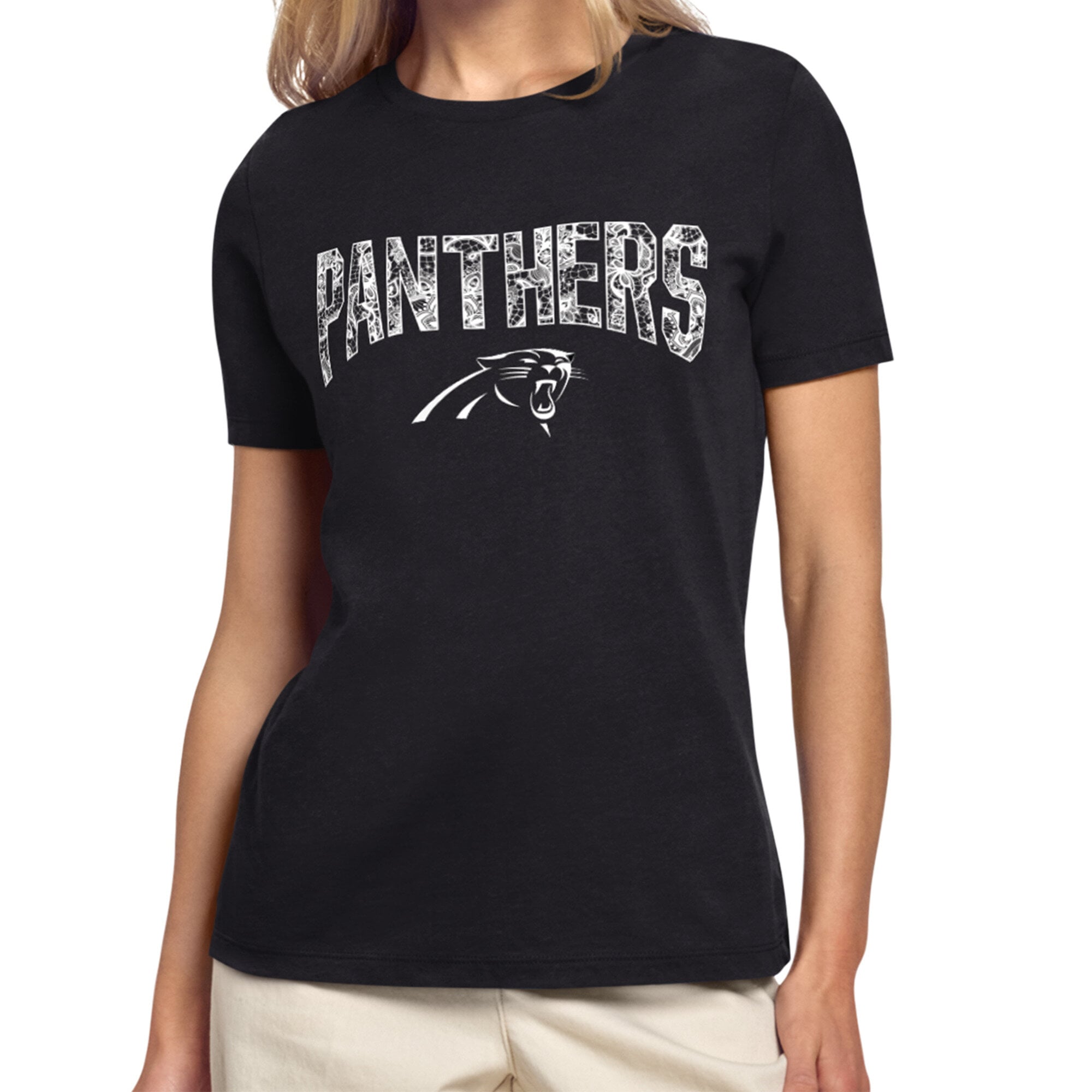 Women's Starter Black Carolina Panthers Lace Lockup T-Shirt