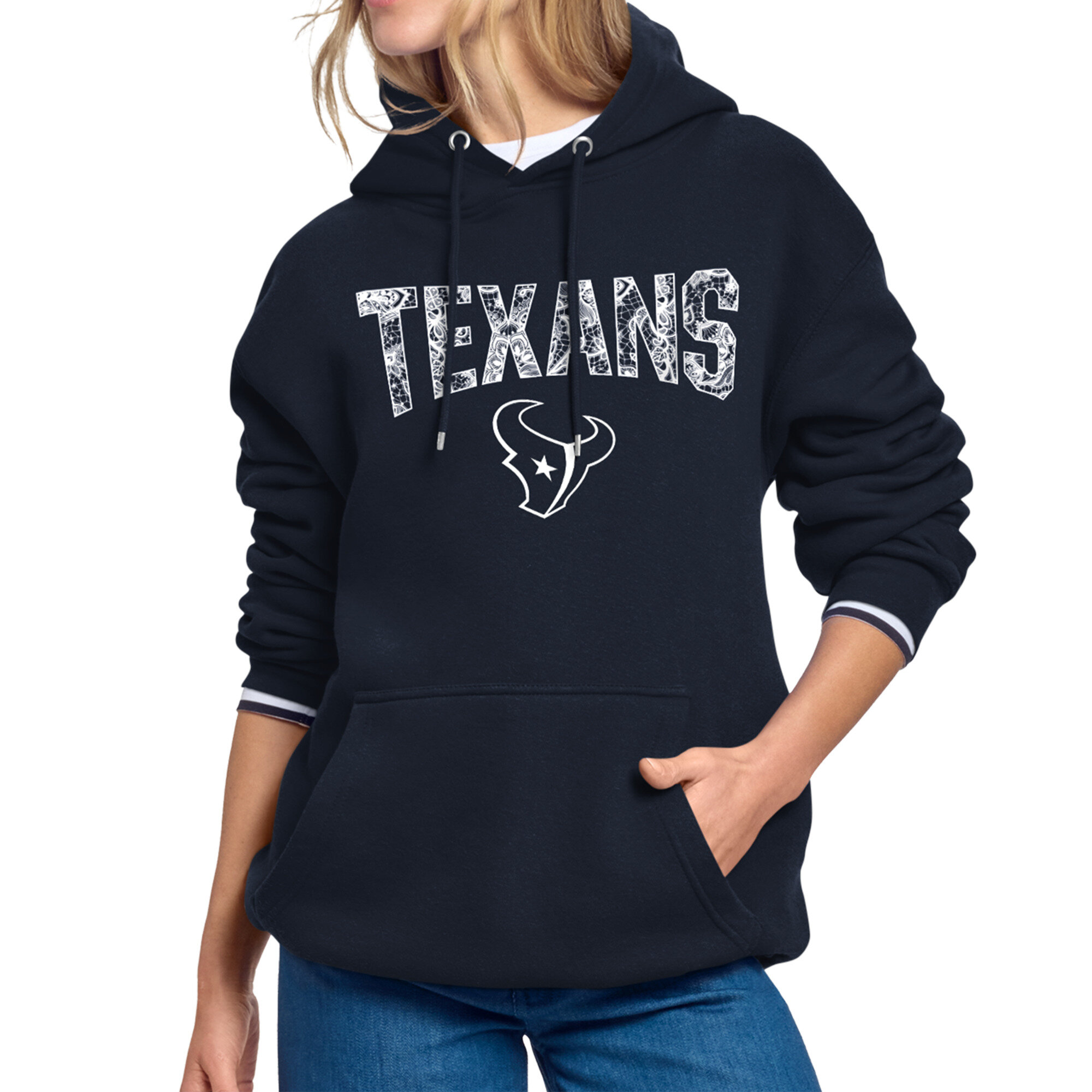 Women's Starter Navy Houston Texans Lace Team Lockup Fleece Hoodie