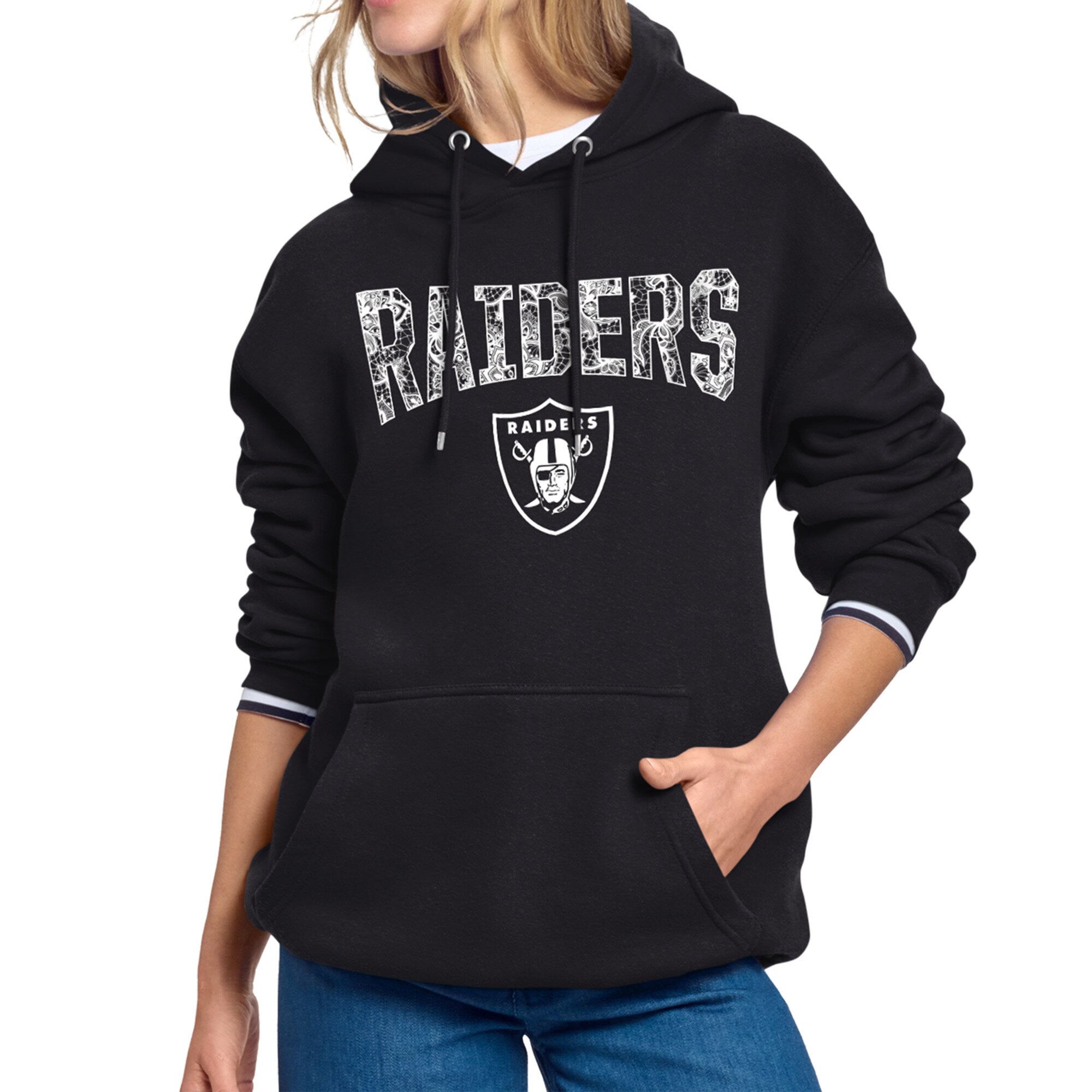 Women's Starter Black Las Vegas Raiders Lace Team Lockup Fleece Hoodie