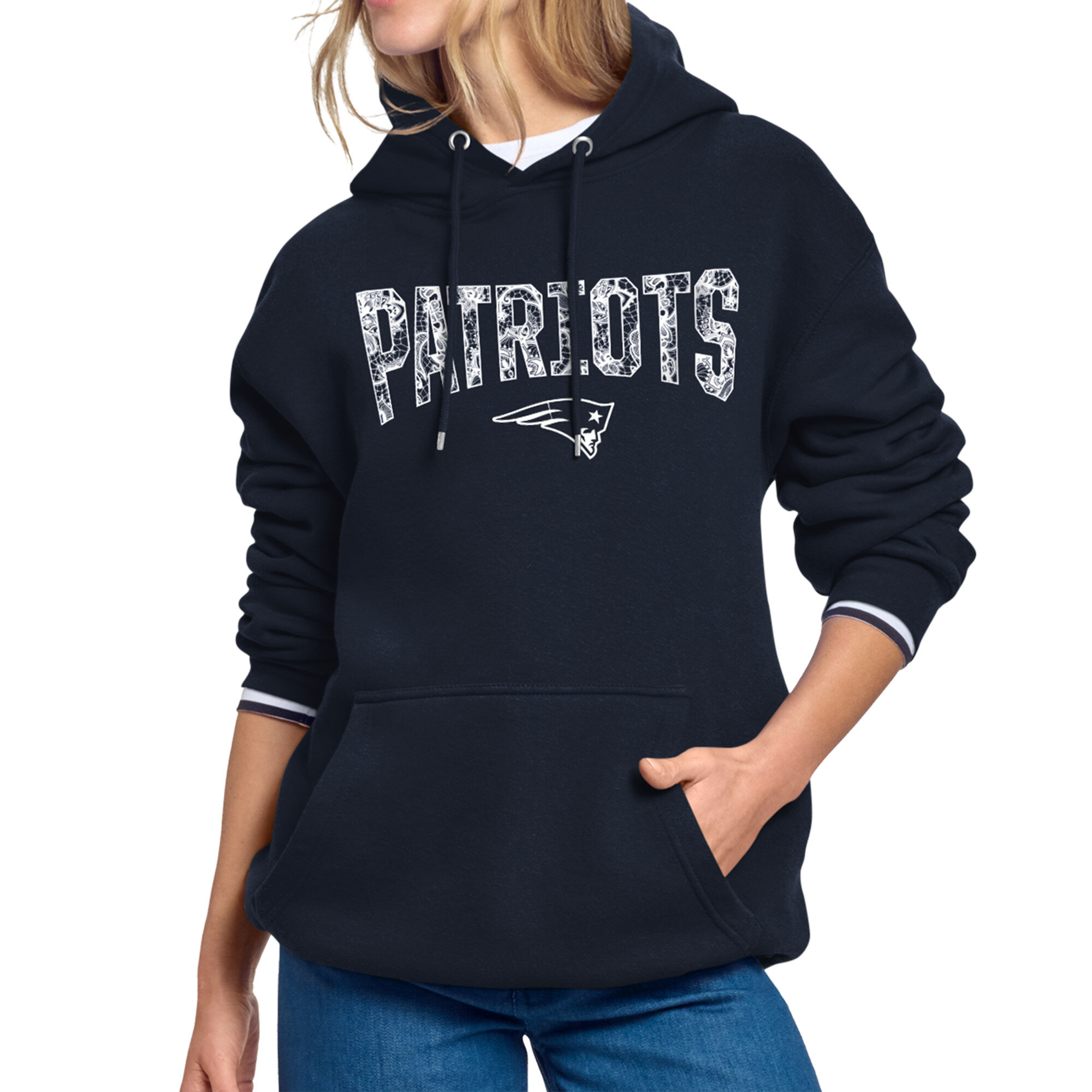Women's Starter Navy New England Patriots Lace Team Lockup Fleece Hoodie