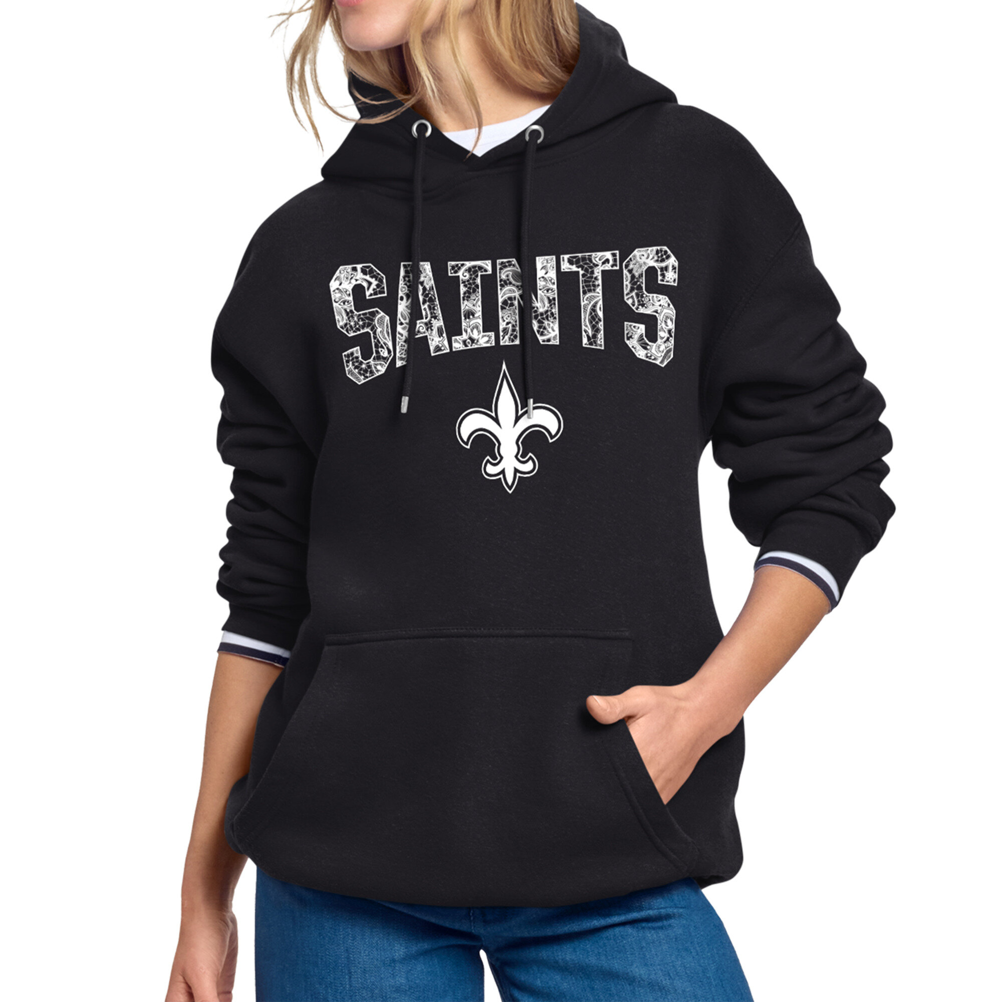 Women's Starter Black New Orleans Saints Lace Team Lockup Fleece Hoodie