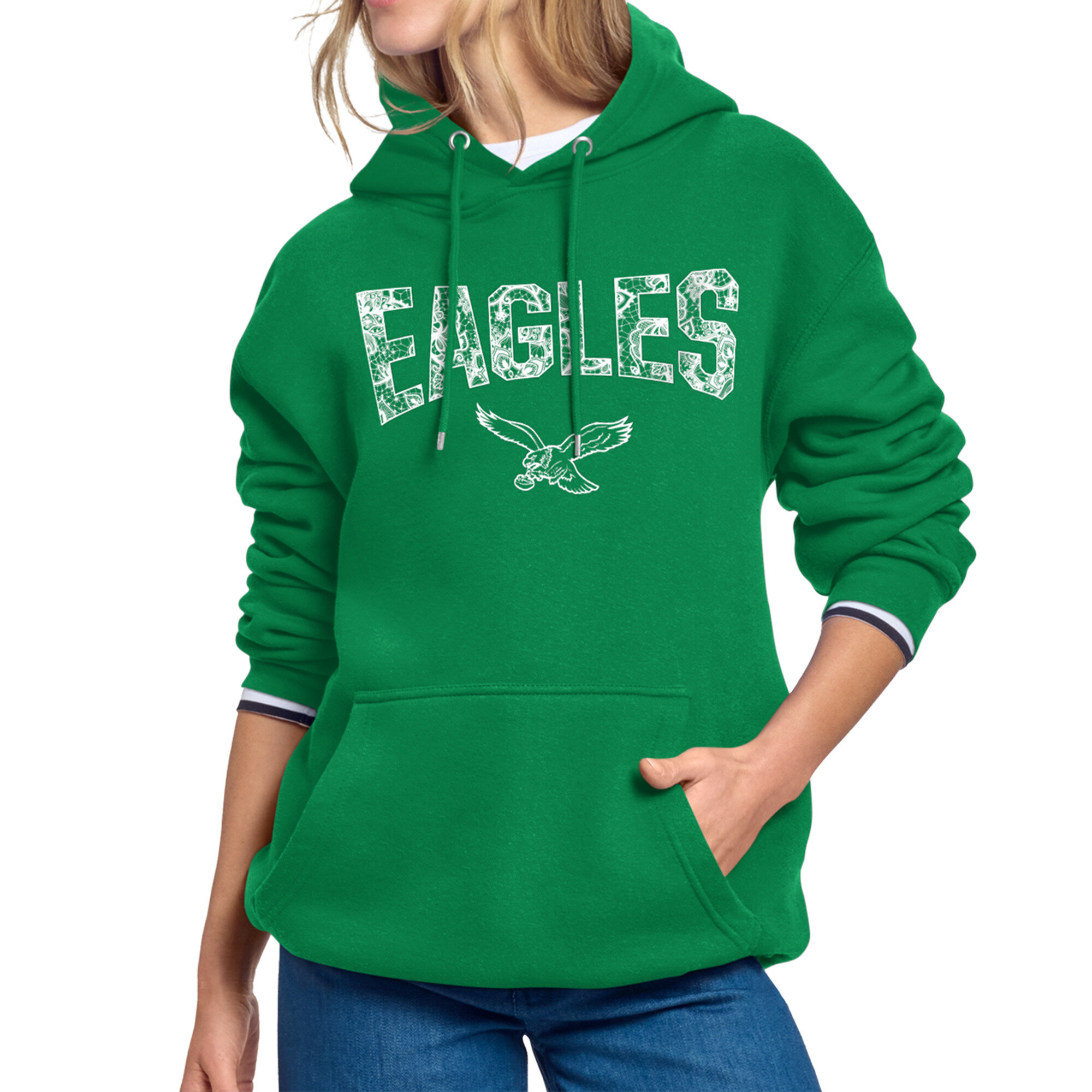 Women's Starter Kelly Green Philadelphia Eagles Lace Team Lockup Fleece Hoodie