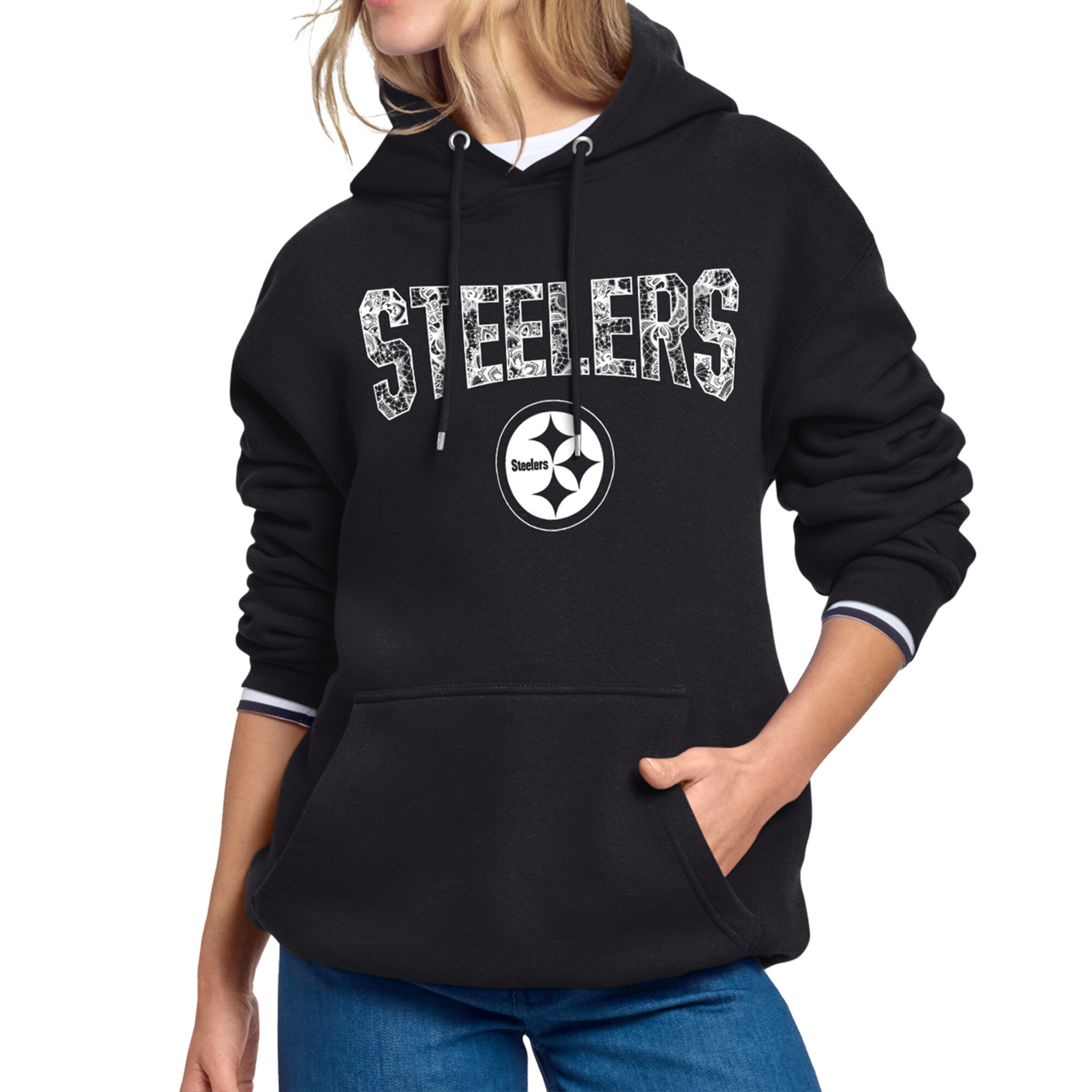 Women's Starter Black Pittsburgh Steelers Lace Team Lockup Fleece Hoodie