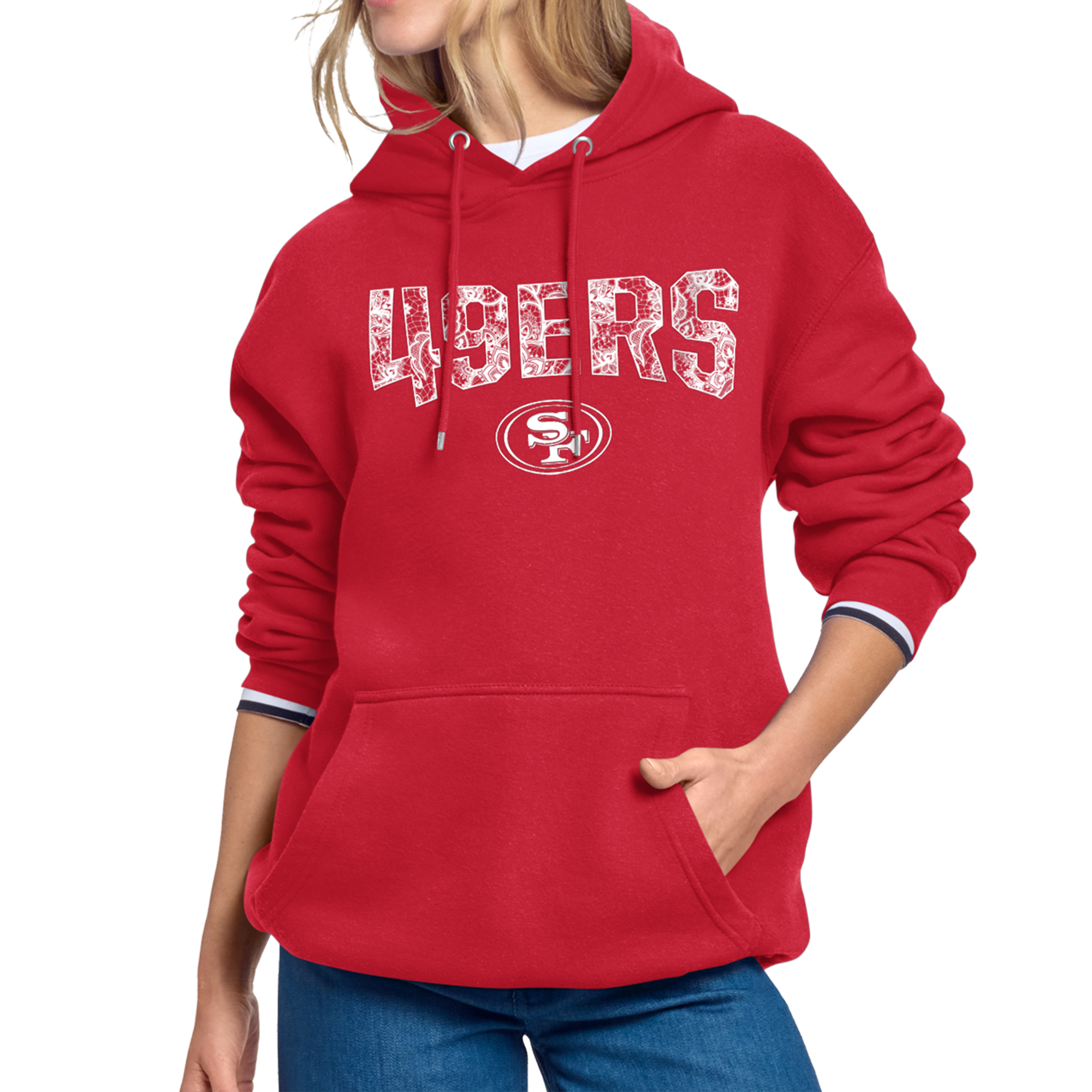 Women's Starter Scarlet San Francisco 49ers Lace Team Lockup Fleece Hoodie