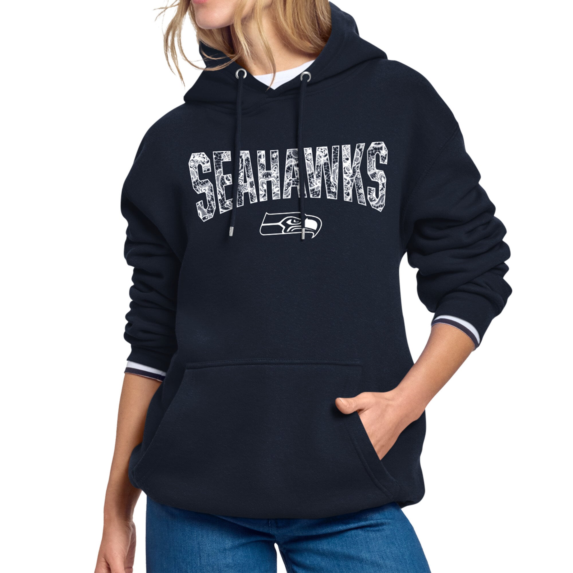 Women's Starter College Navy Seattle Seahawks Lace Team Lockup Fleece Hoodie