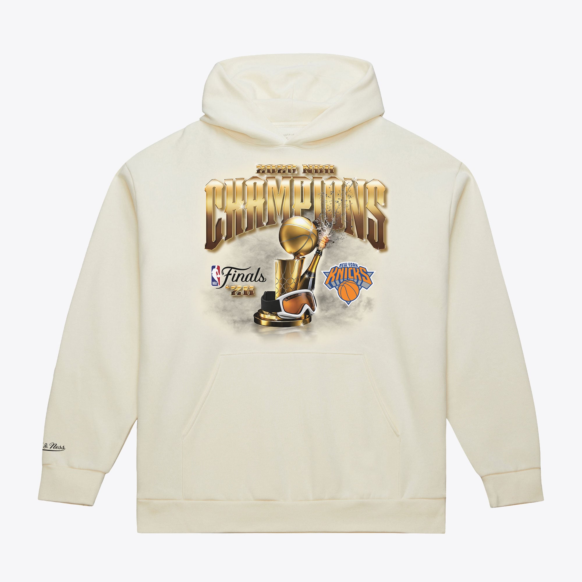 Felpa con cappuccio da uomo Mitchell & Ness color crema, con logo dei New York Knicks campioni NBA 2026.