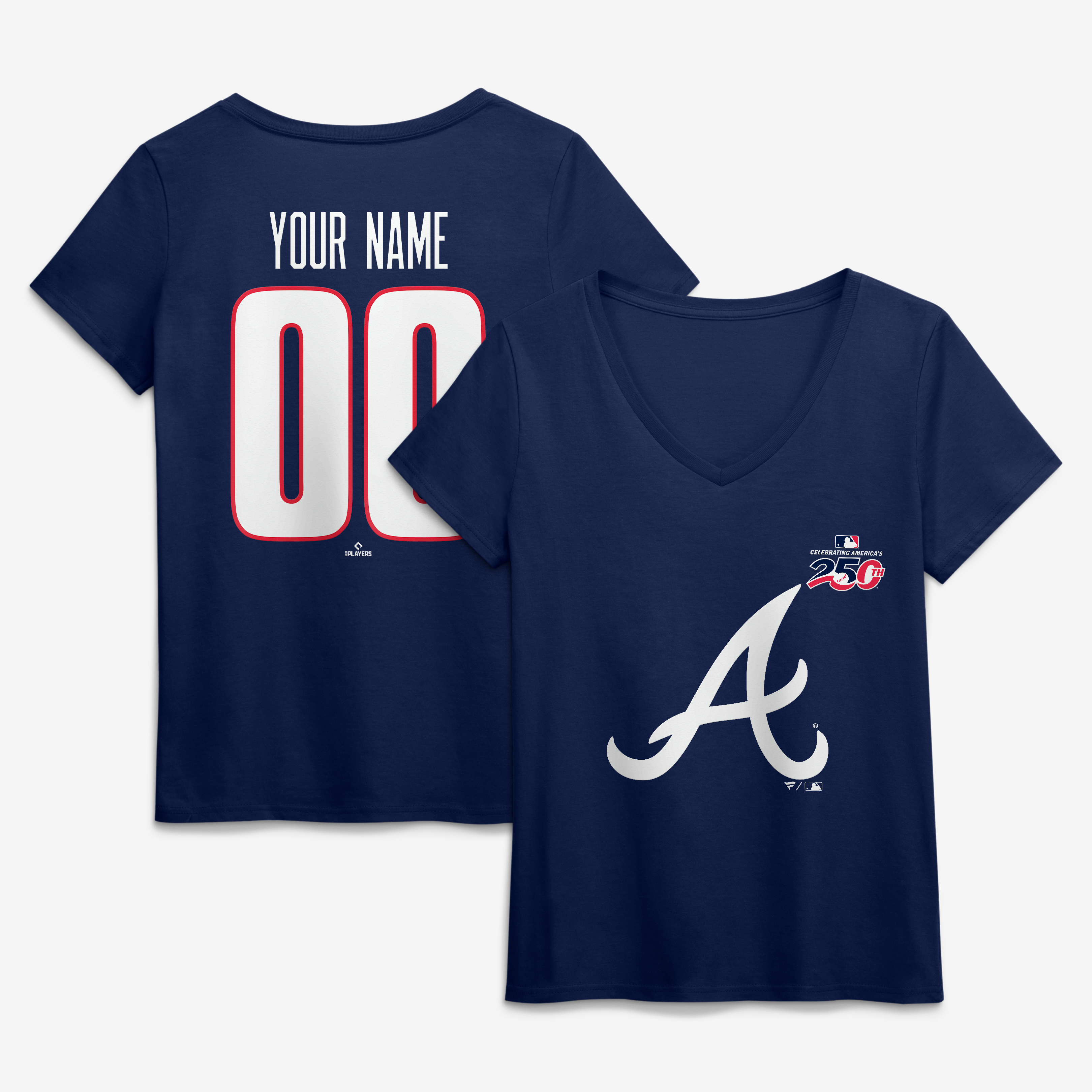 Women's Navy Atlanta Braves Celebrating America's 250th Personalized Name & Number V-Neck T-Shirt