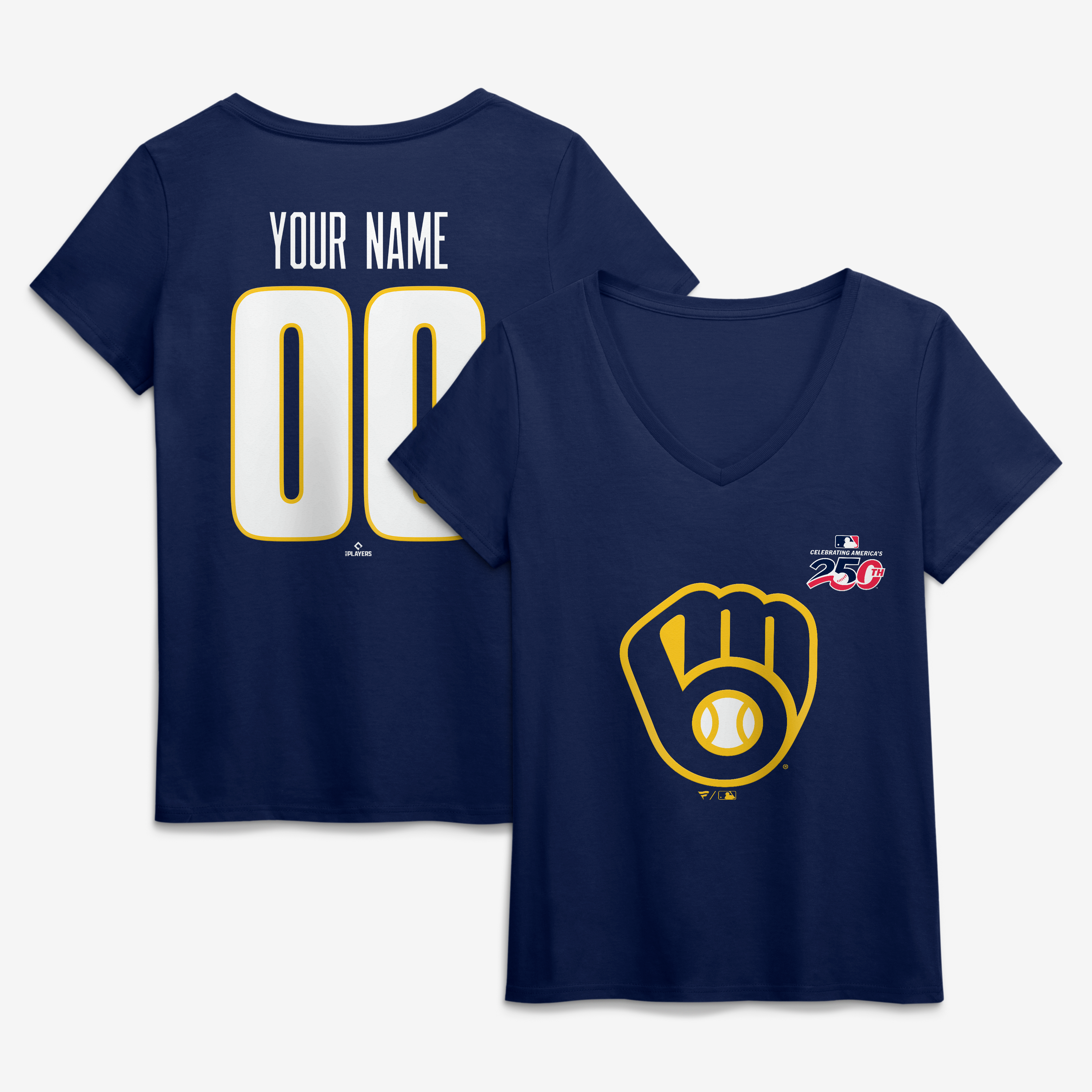 Women's Navy Milwaukee Brewers Celebrating America's 250th Personalized Name & Number V-Neck T-Shirt