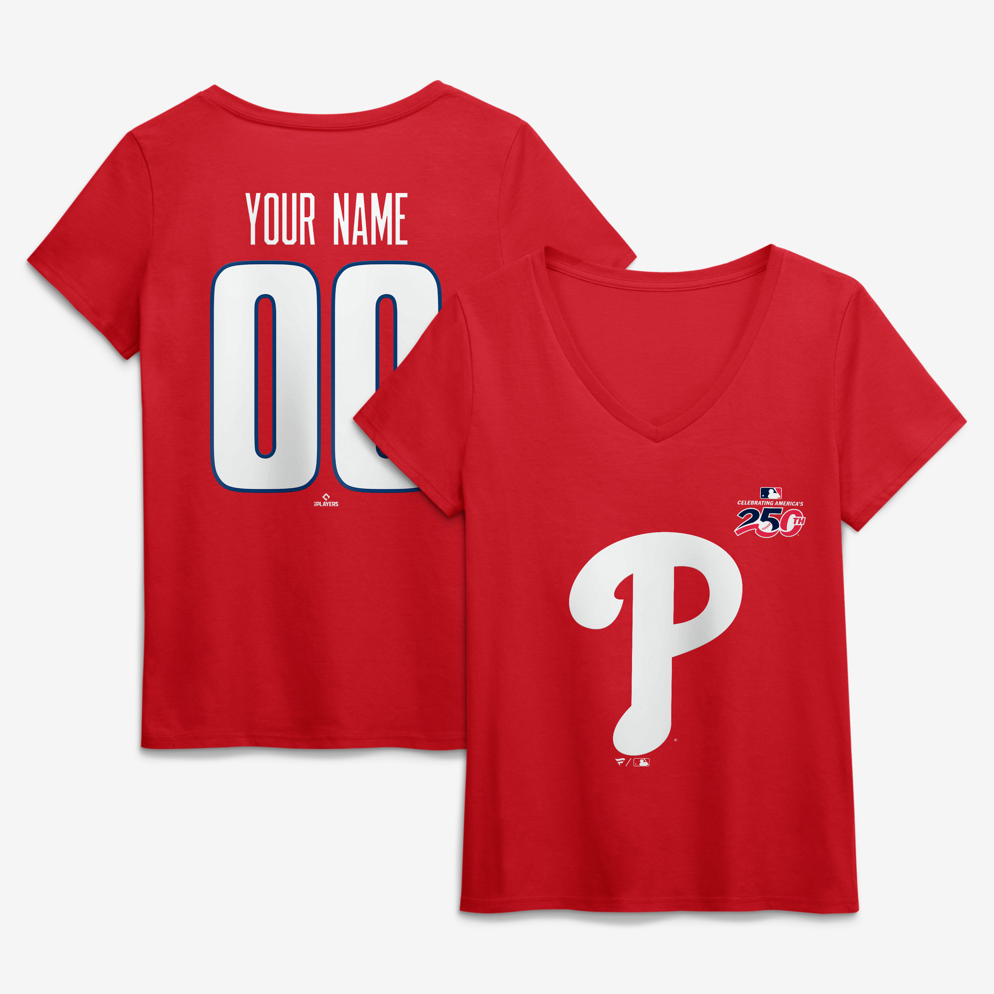 Women's Red Philadelphia Phillies Celebrating America's 250th Personalized Name & Number V-Neck T-Shirt