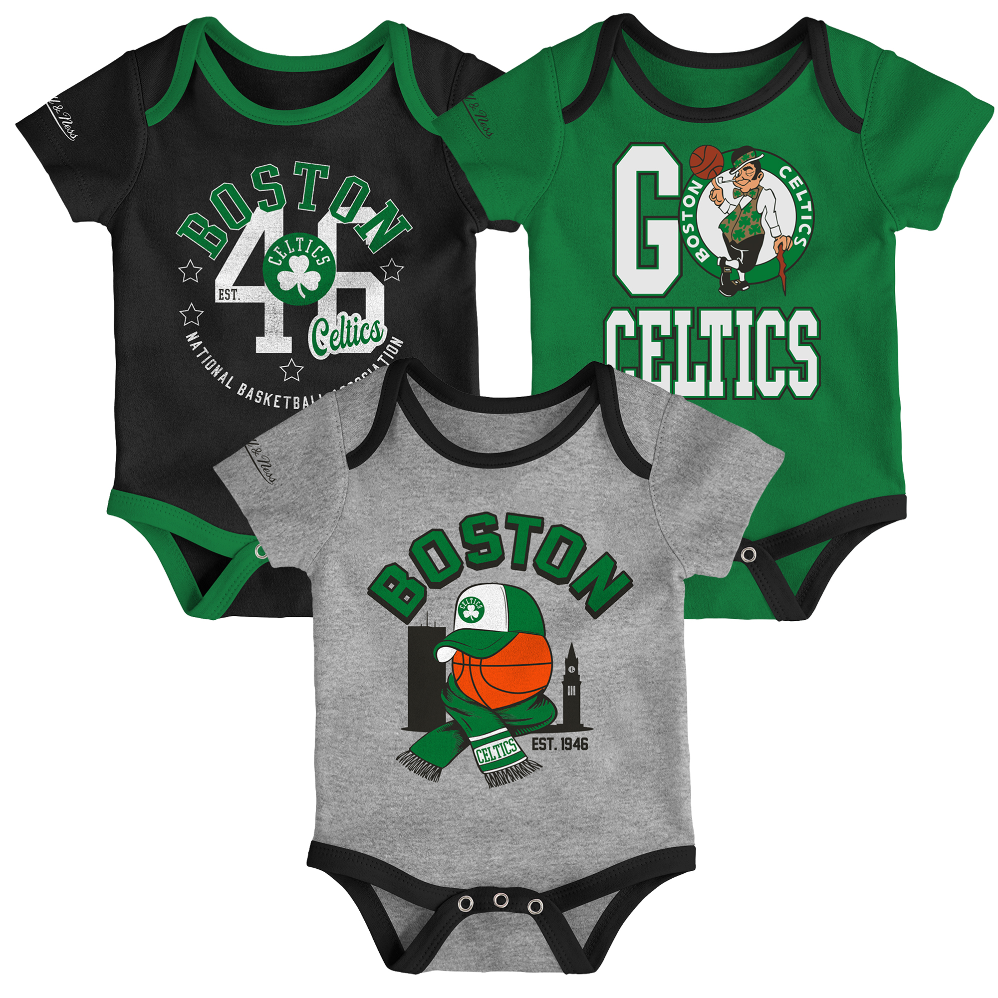 Infant Mitchell & Ness Boston Celtics Fanbase 3-Pack Bodysuit Set
