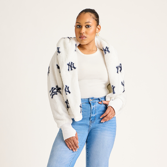 Women's by Jill Martin White New York Yankees All Over Print Logo Cropped Lounger Lite Sherpa Jacket