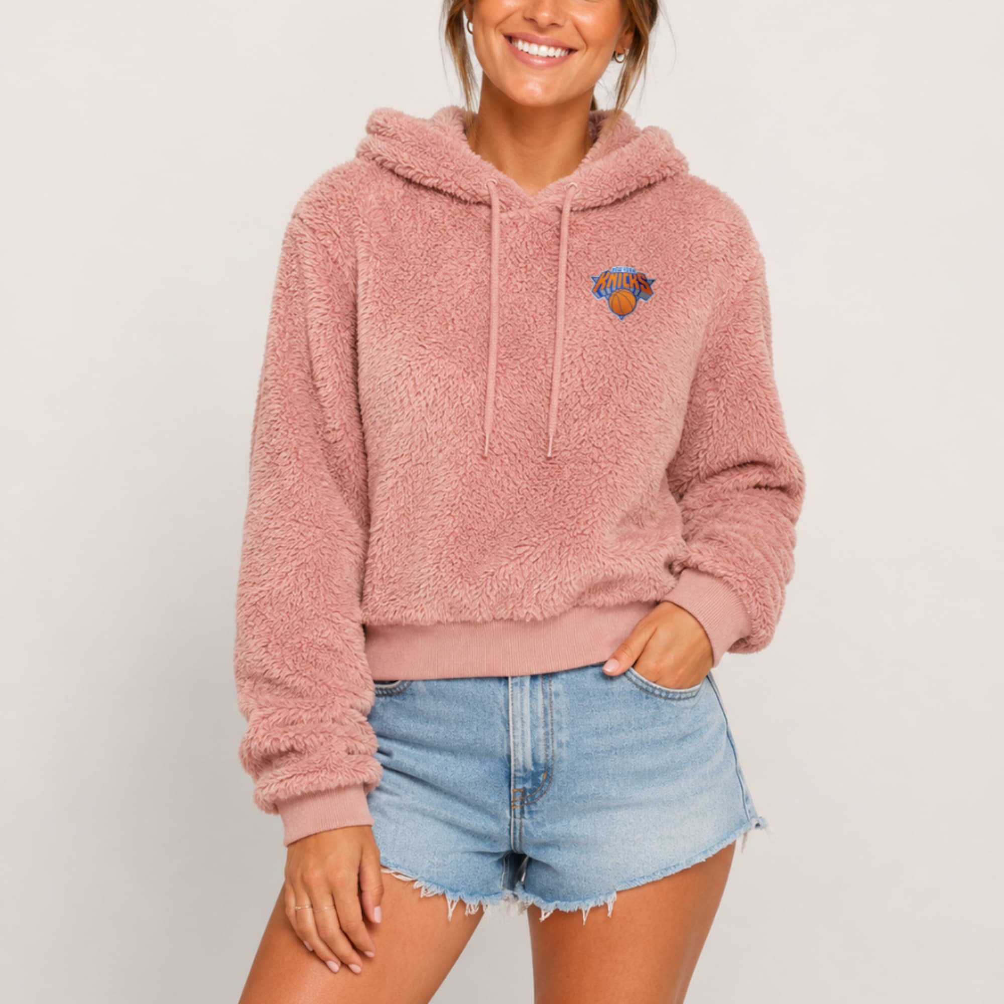 Women's Jill Martin Licensing LLC Pink New York Knicks Cropped Blanket Hoodie
