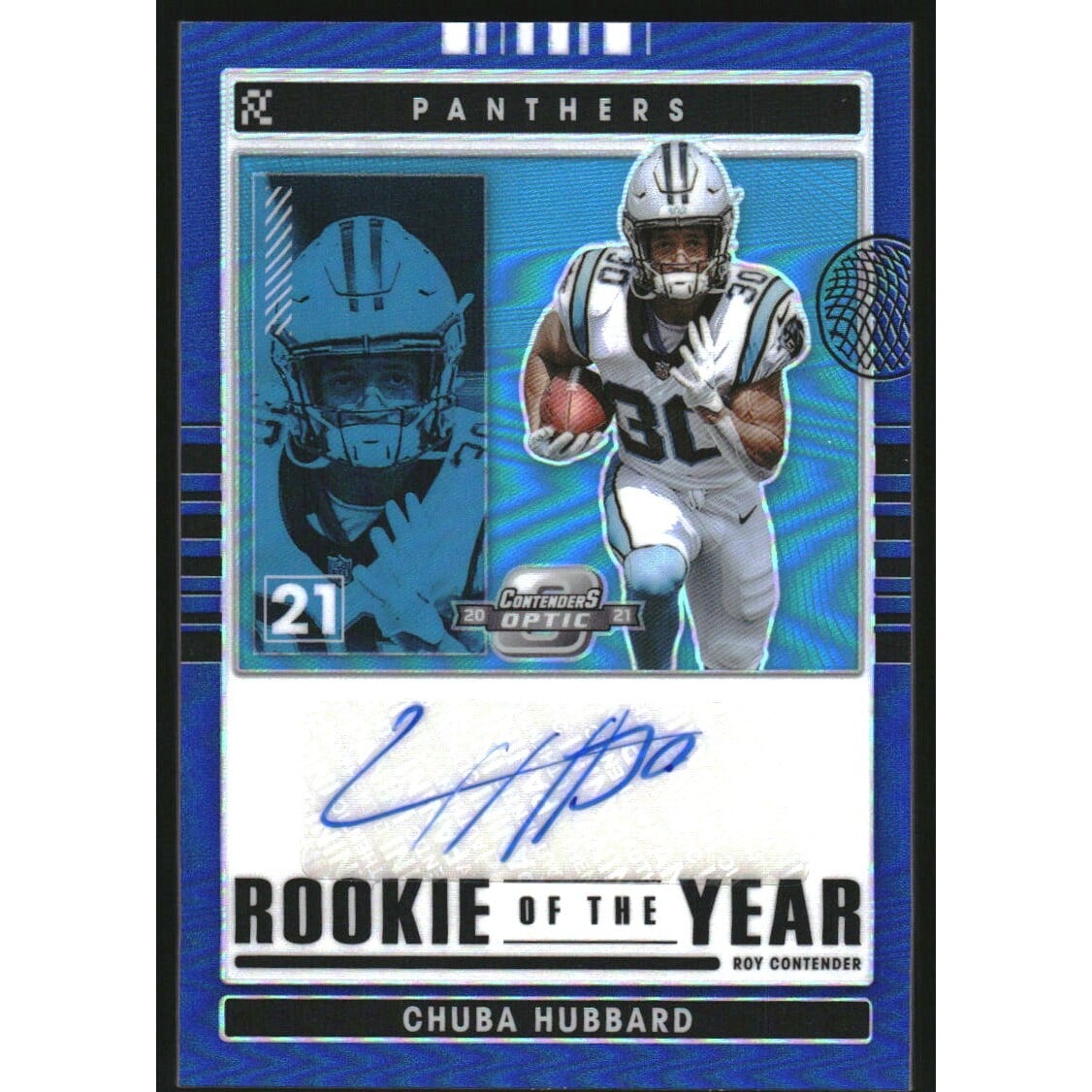 2021 Panini Contenders Optic Rookie of the Year Contenders Autographs Blue #23 Chuba Hubbard/35. rookie card picture