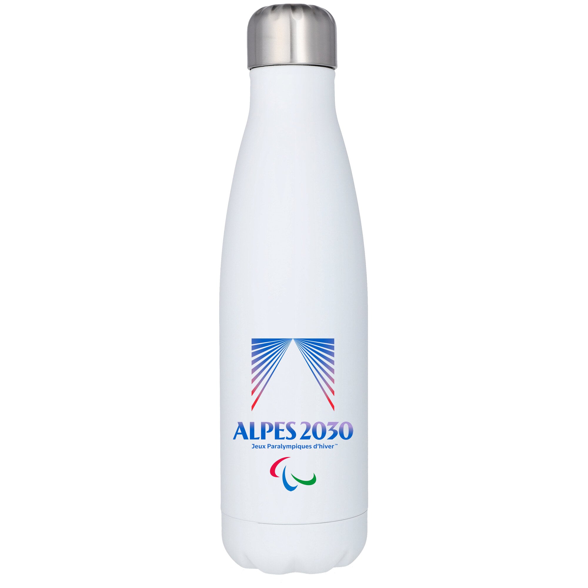Gourde 500 ml en acier inoxydable, logo principal des Jeux Paralympiques Alpes 2030 - Blanche