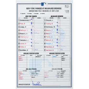 New York Yankees Game-Used Lineup Card vs. Milwaukee Brewers on May 9, 2026