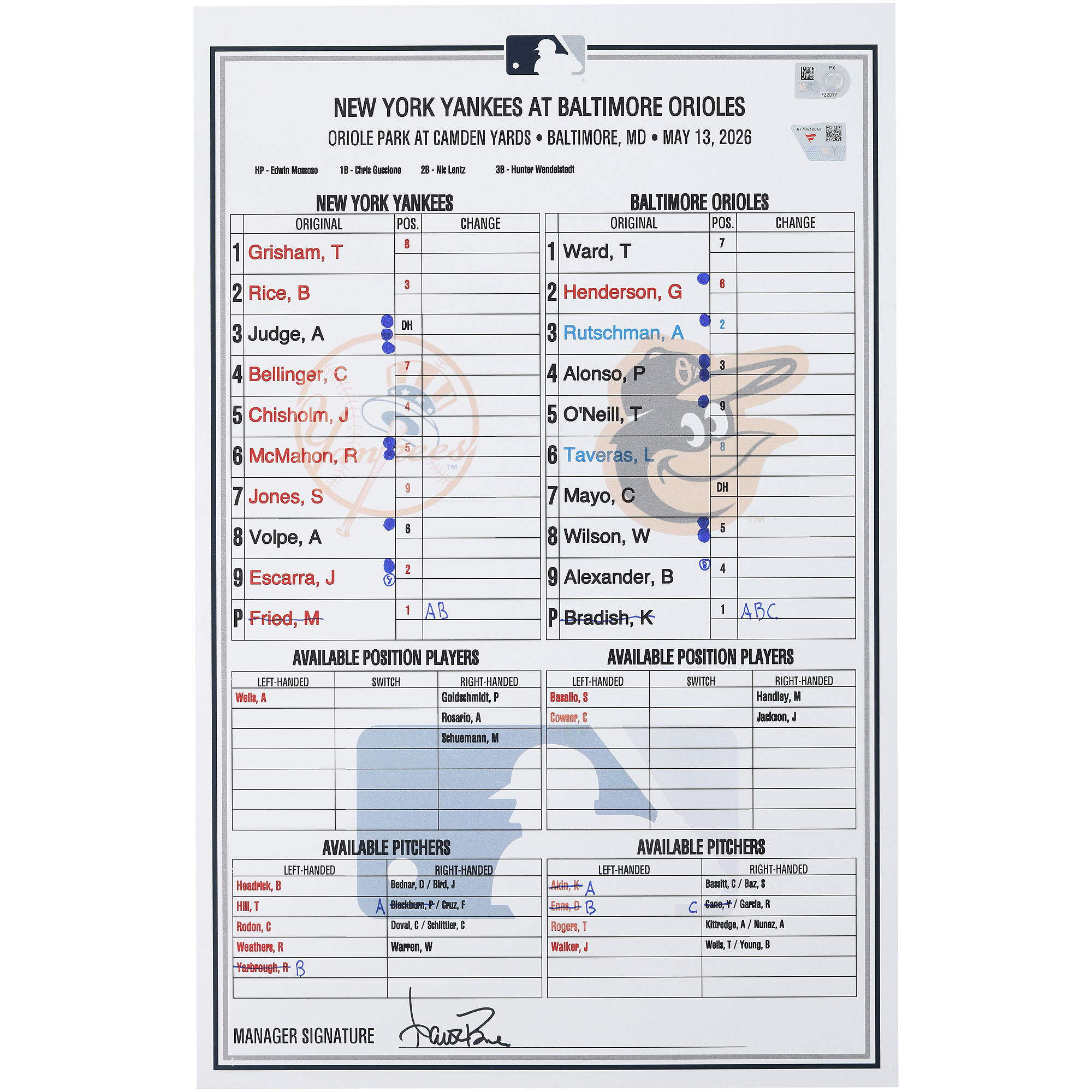 New York Yankees Game-Used Lineup Card vs. Baltimore Orioles on May 13, 2026
