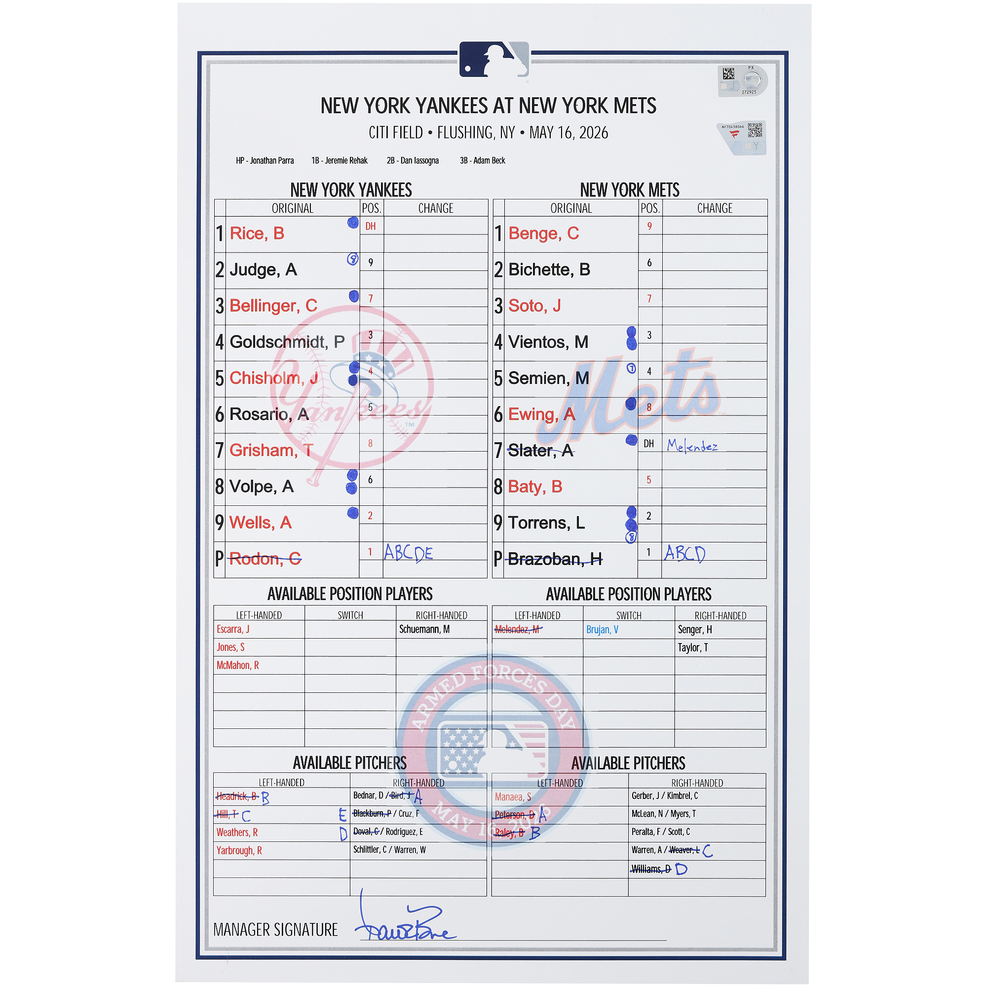 New York Yankees Game-Used Lineup Card vs. New York Mets on May 16, 2026