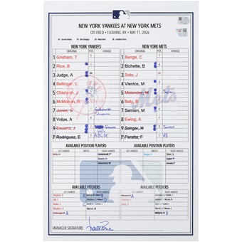 New York Yankees Game-Used Lineup Card vs. New York Mets on May 17, 2026