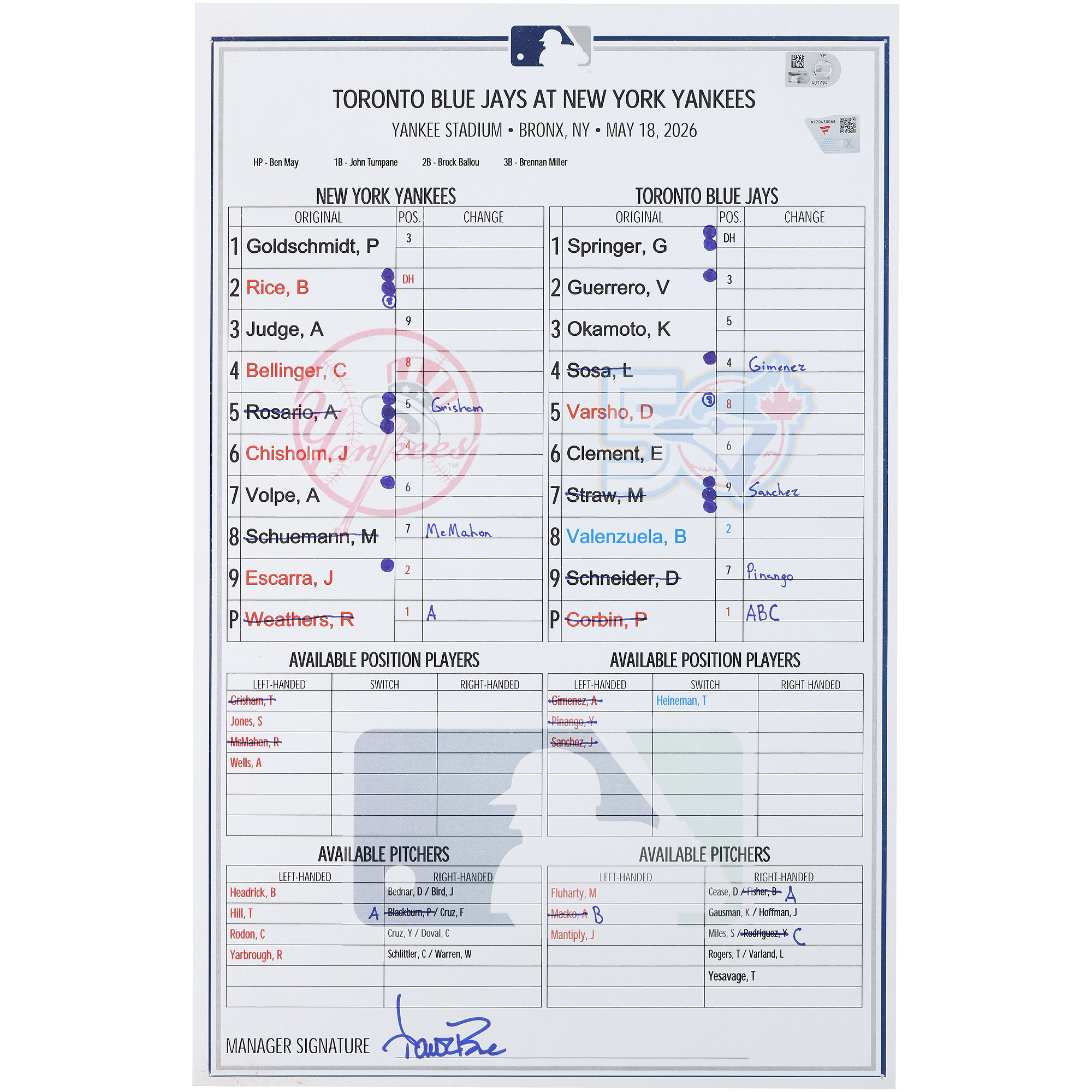 New York Yankees Game-Used Lineup Card vs. Toronto Blue Jays on May 18, 2026
