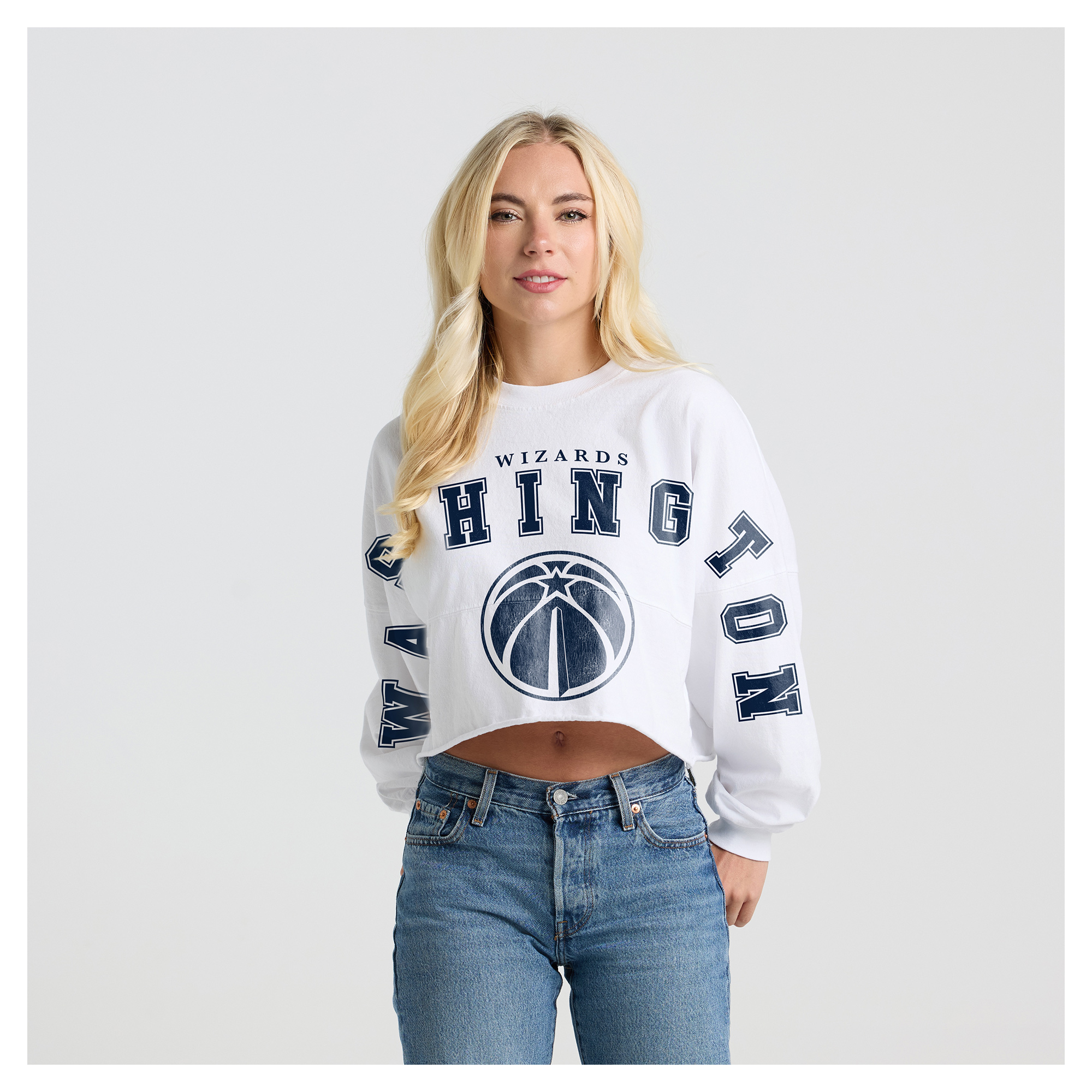 Women's Fanatics White Washington Wizards Spirit Jersey Cropped Long Sleeve T-Shirt