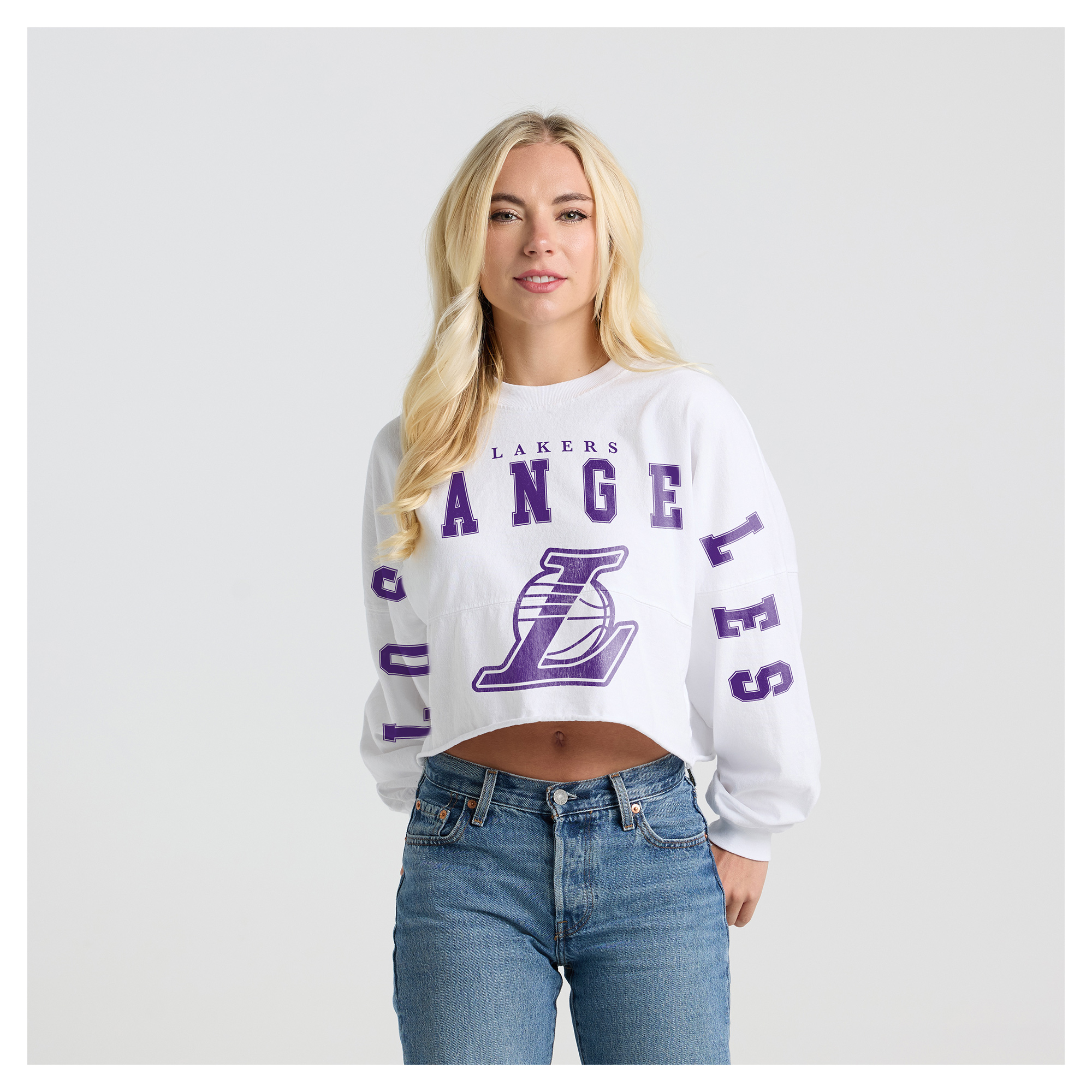 Women's Fanatics White Los Angeles Lakers Spirit Jersey Cropped Long Sleeve T-Shirt