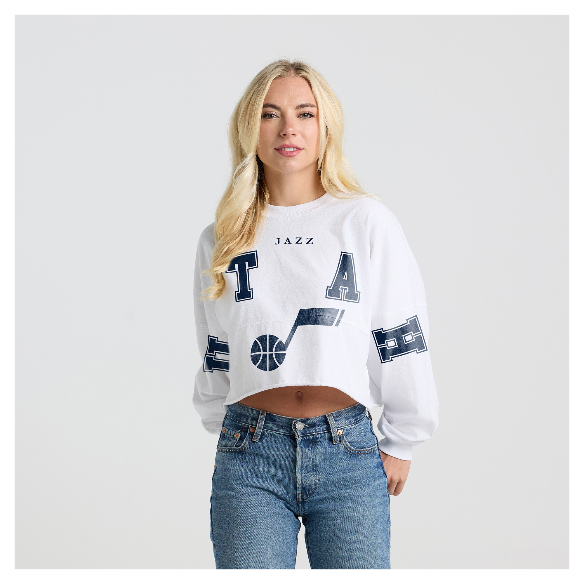 Women's Fanatics White Utah Jazz Spirit Jersey Cropped Long Sleeve T-Shirt