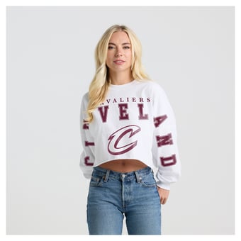 Women's Fanatics White Cleveland Cavaliers Spirit Jersey Cropped Crew Neck Sweatshirt