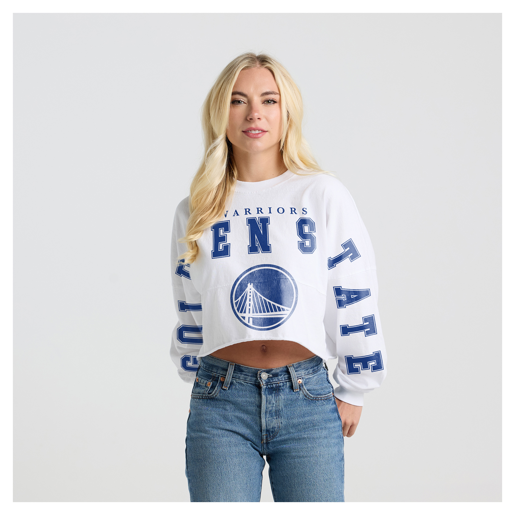 Women's Fanatics White Golden State Warriors Spirit Jersey Cropped Long Sleeve T-Shirt