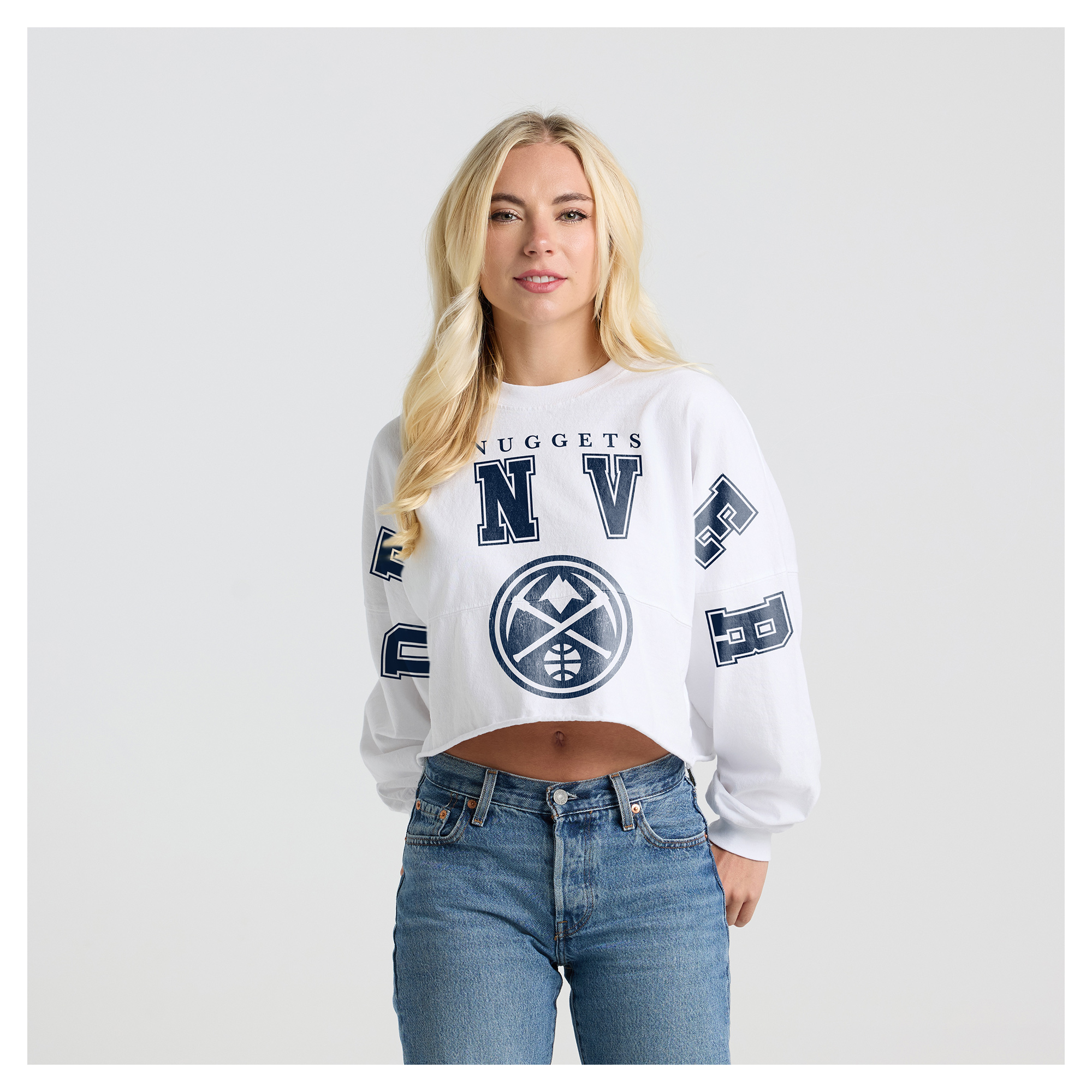 Women's Fanatics White Denver Nuggets Spirit Jersey Cropped Long Sleeve T-Shirt