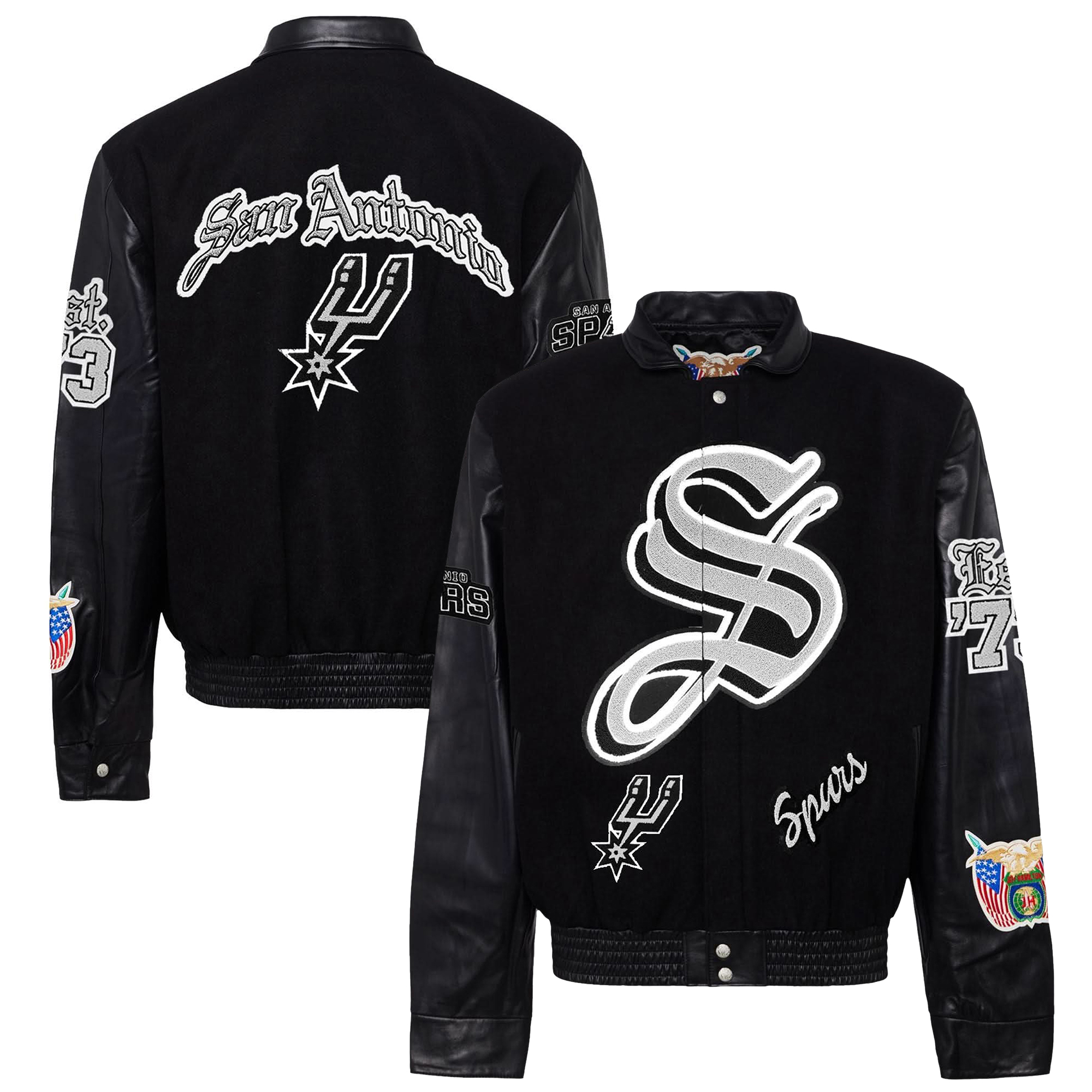 Men's Jeff Hamilton Black San Antonio Spurs Old English Wool & Leather Full-Snap Varsity Jacket