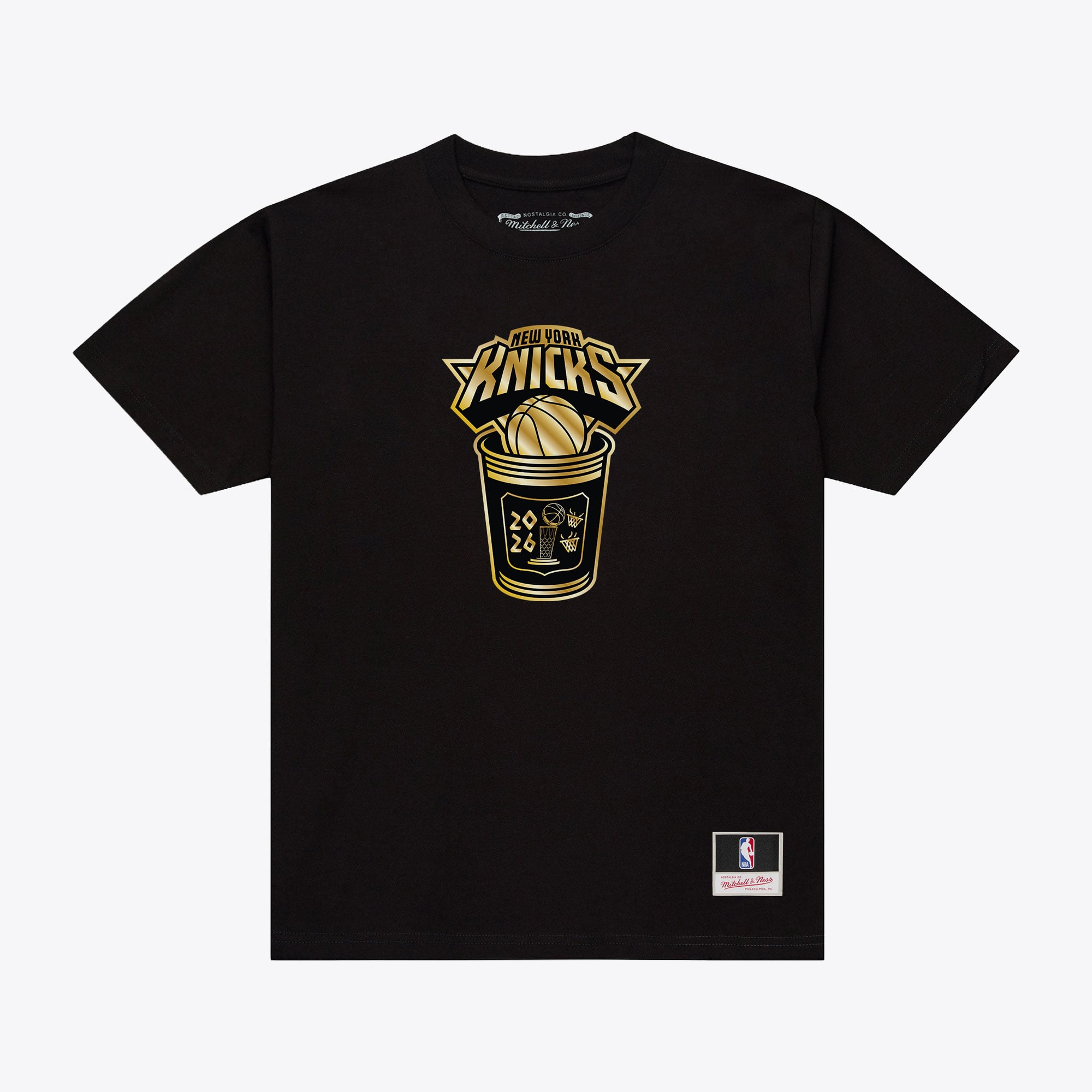 Men's Mitchell & Ness Black New York Knicks 2026 NBA Finals Champions Gold Coffee Cup T-Shirt