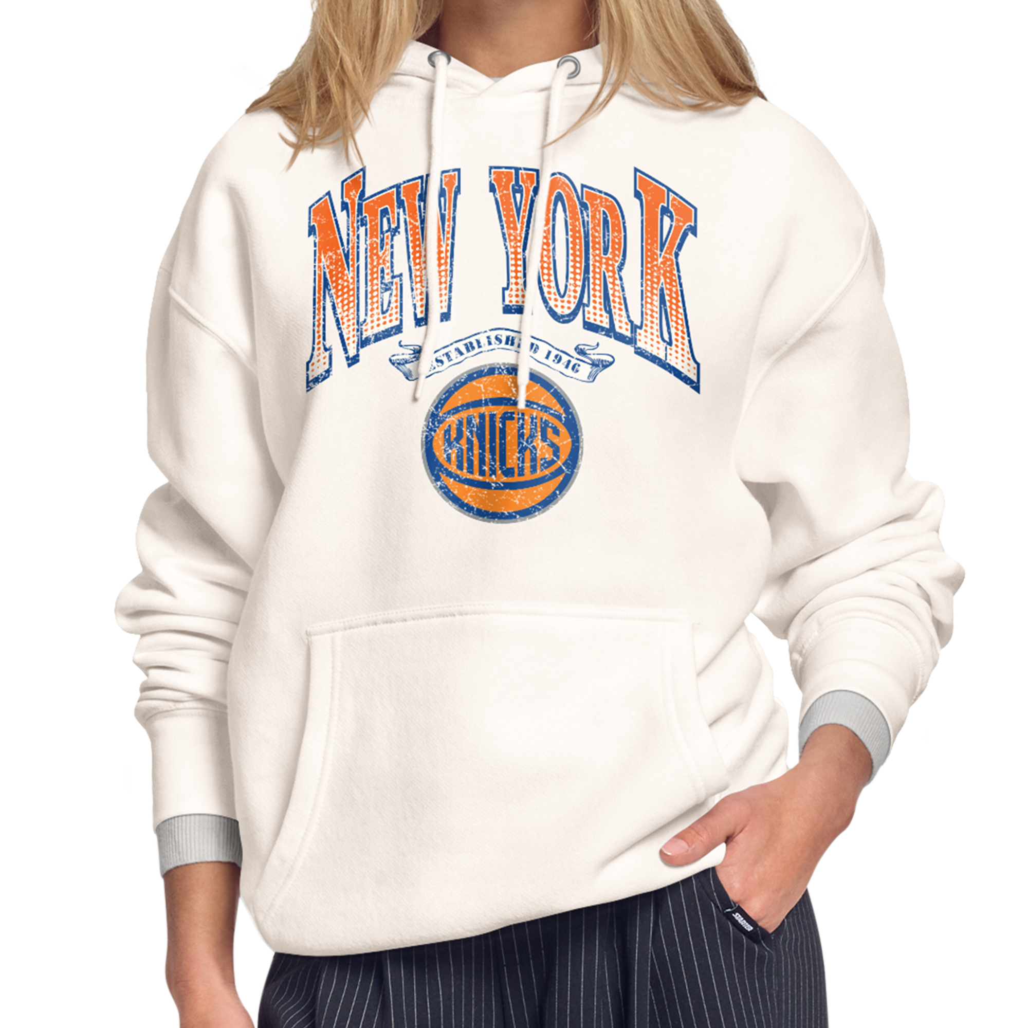 Starter Women's New York Knicks Court Legacy Long-Sleeve Distressed Hoodie - White