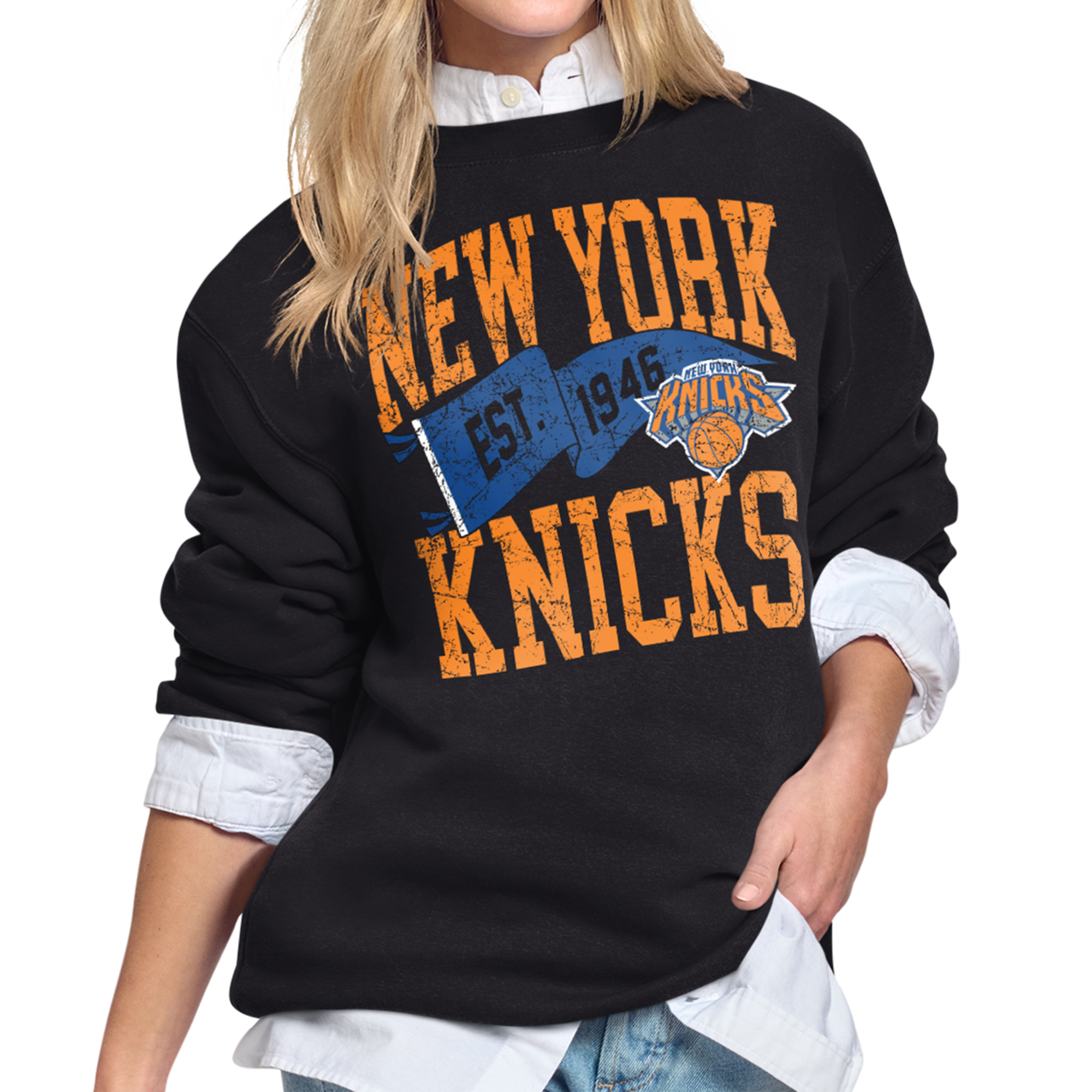 Women's Starter Black New York Knicks Pennant Fleece Sweatshirt