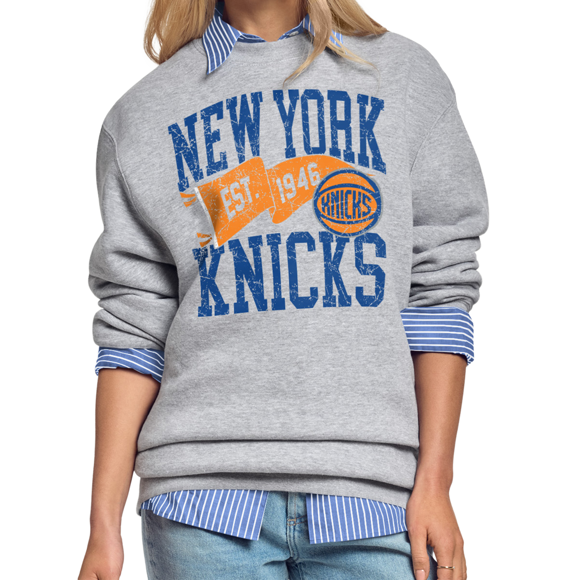 Women's Starter Gray New York Knicks Pennant Fleece Sweatshirt