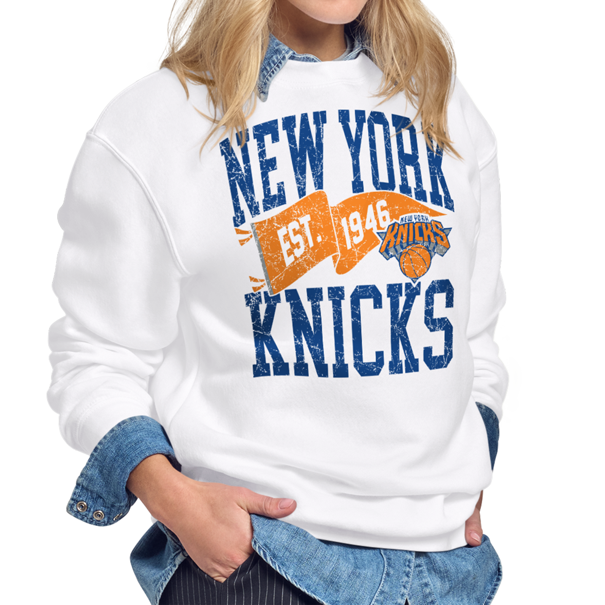 Women's Starter White New York Knicks Pennant Fleece Sweatshirt