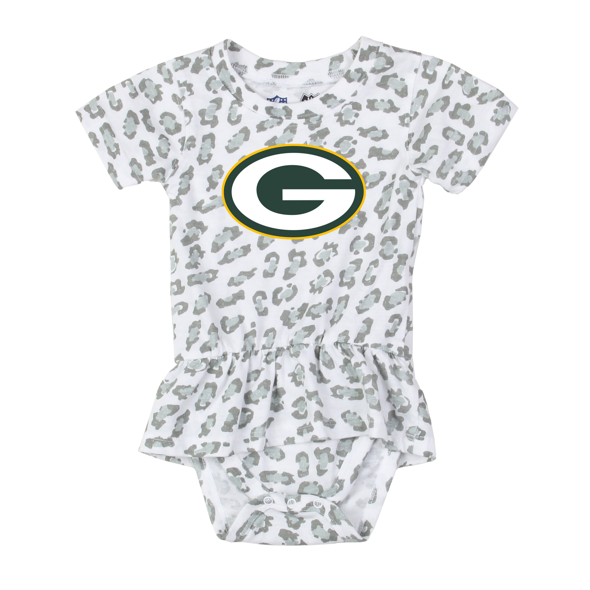 Girls Infant Wes & Willy  White Green Bay Packers Leopard Print Ruffled Romper