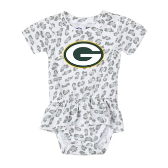 Girls Infant Wes & Willy  White Green Bay Packers Leopard Print Ruffled Romper