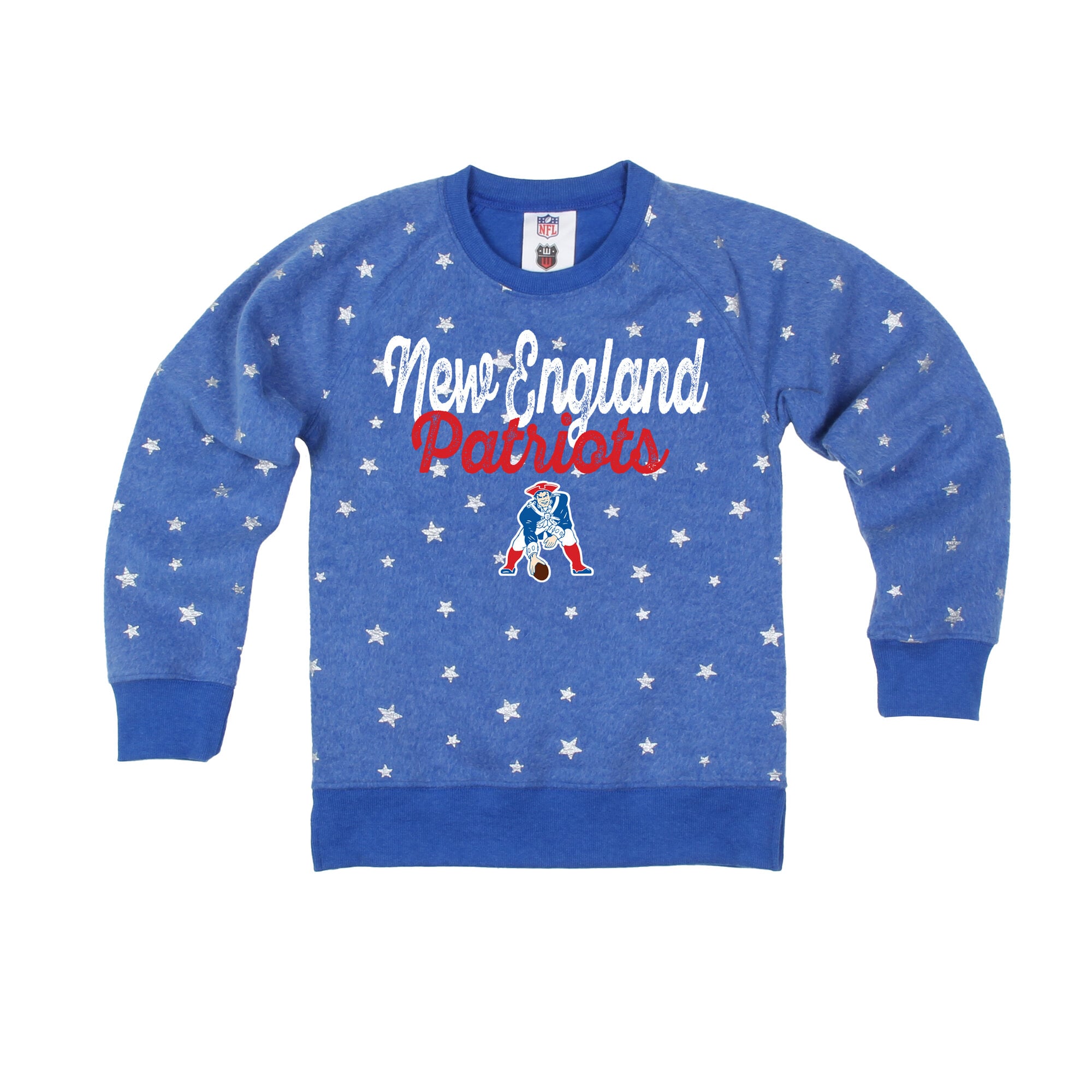 Girls Youth Wes & Willy  Royal New England Patriots Shimmer Star Reverse Sweatshirt