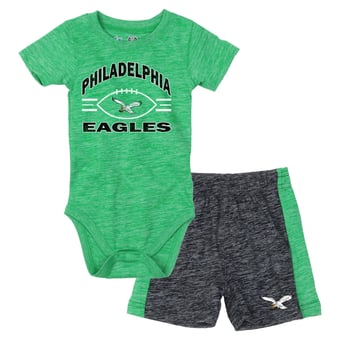 Infant Wes & Willy Kelly Green/Black Philadelphia Eagles Cloudy Yard Hopper Bodysuit & Shorts Set