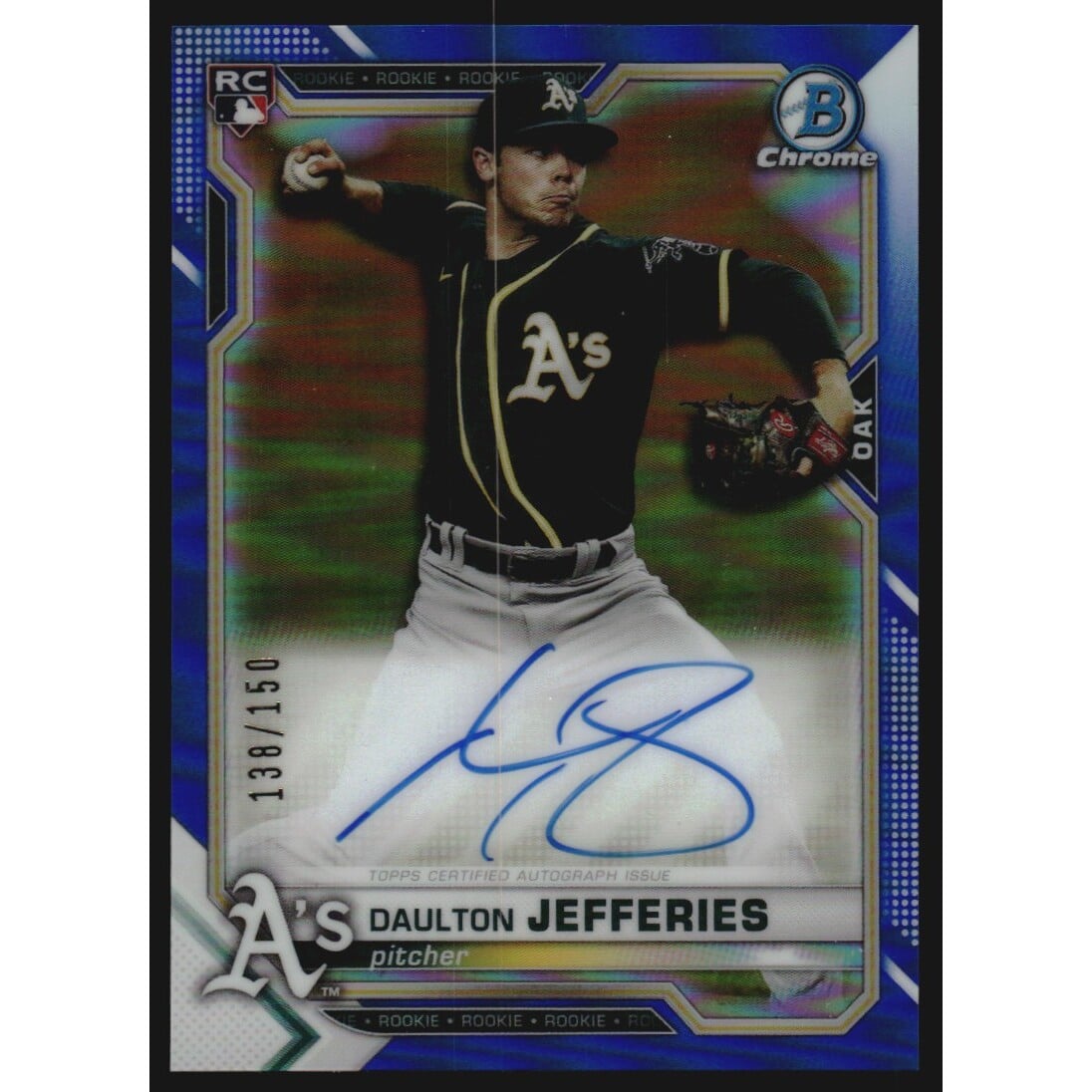 2021 Bowman Chrome Rookie Autographs Blue Refractors #BCRADJ Daulton Jefferies. rookie card picture
