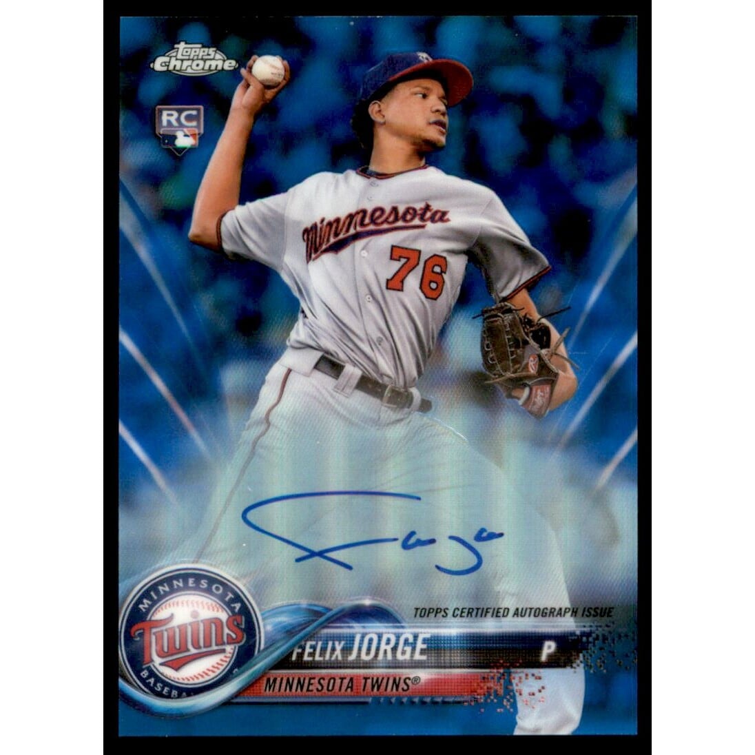 2018 Topps Chrome Rookie Autographs Blue Refractors #RAFJ Felix Jorge. rookie card picture