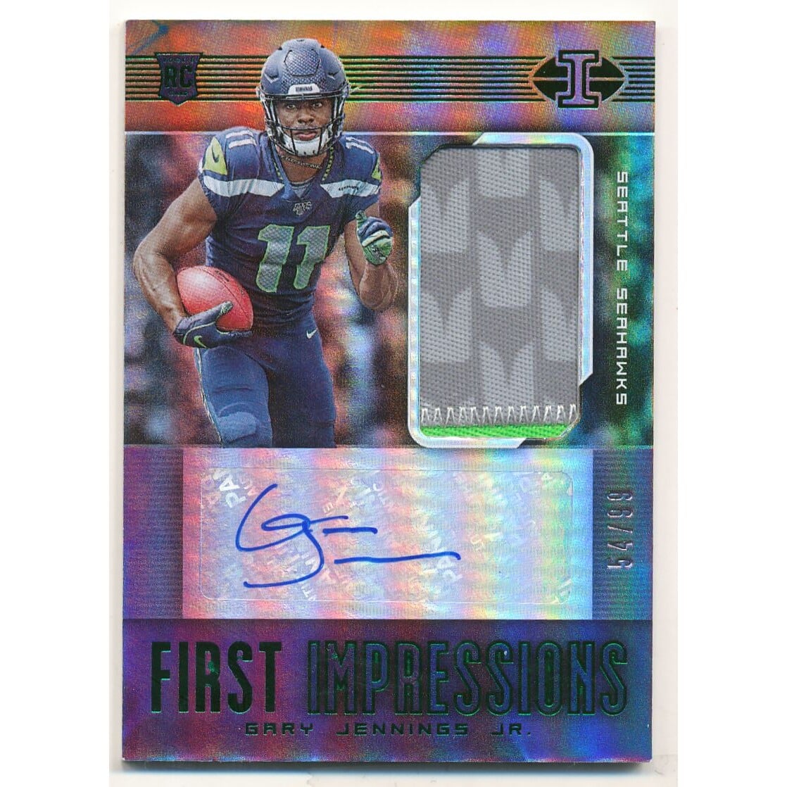2019 Panini Illusions Trophy Collection Green #118 Gary Jennings Jr. JSY AU/99. rookie card picture