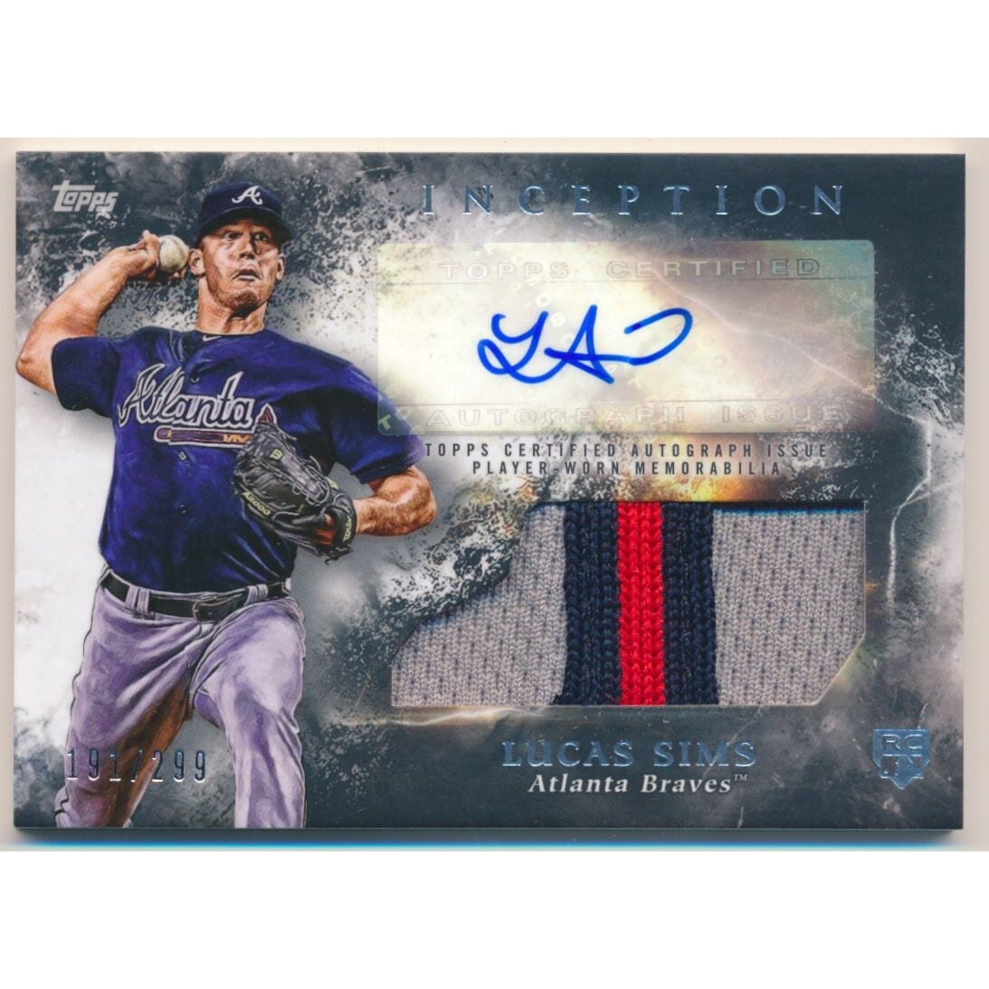 2018 Topps Inception Patch Autographs #IAPLS Lucas Sims/299. rookie card picture