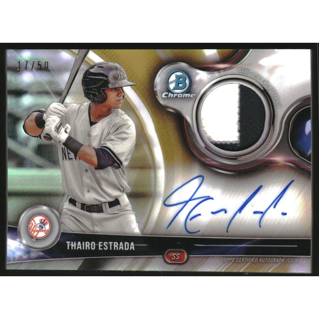 2018 Bowman Chrome Autograph Relics Gold Refractors #BCARTE Thairo Estrada. rookie card picture