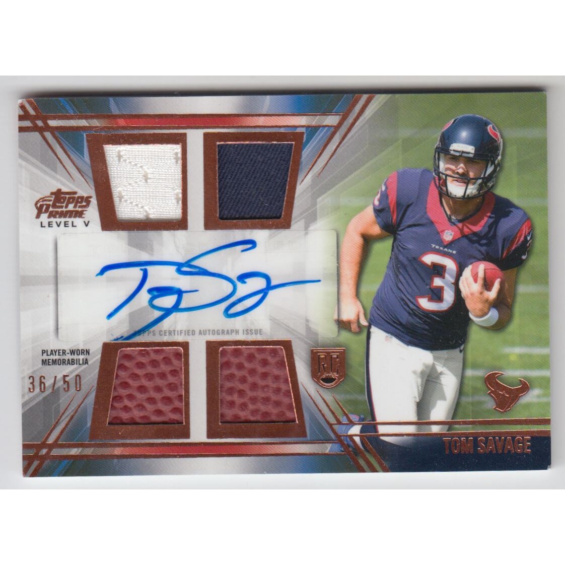 2014 Topps Prime Autographed Relics Level 5 Copper #PVTS Tom Savage