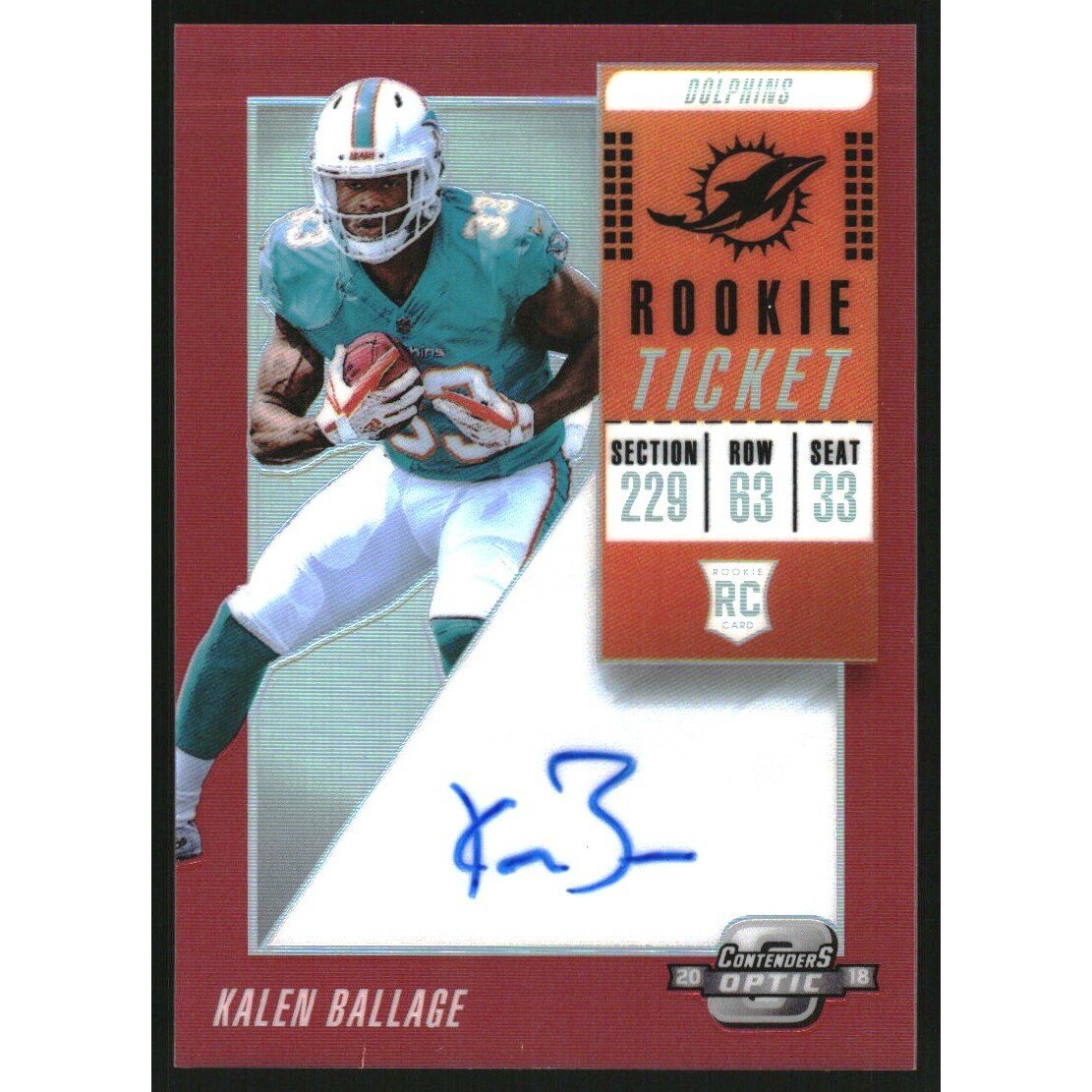 2018 Panini Contenders Optic Red #134 Kalen Ballage AU/99. rookie card picture
