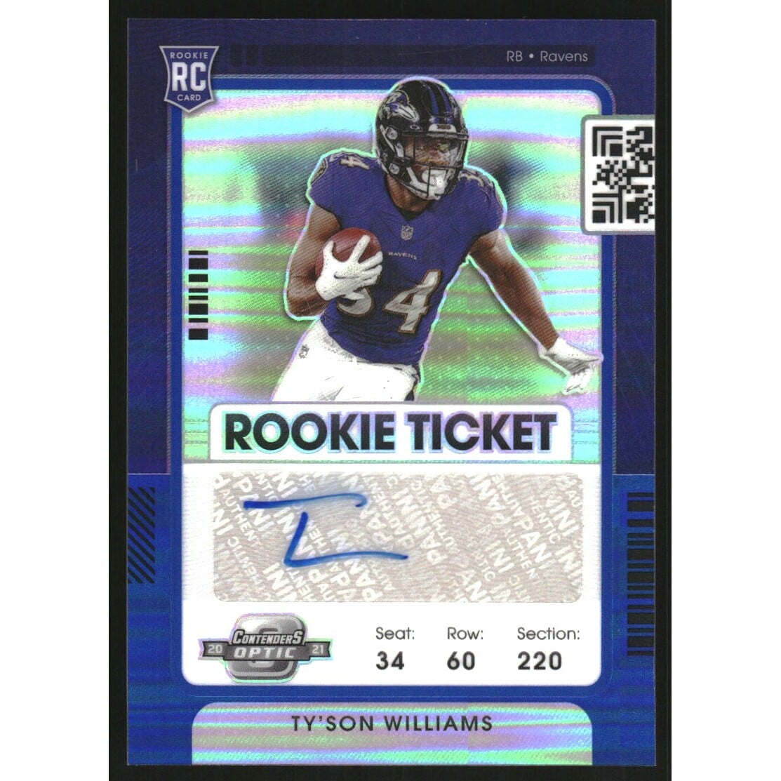 2021 Panini Contenders Optic Blue #192 Ty'Son Williams AU. rookie card picture