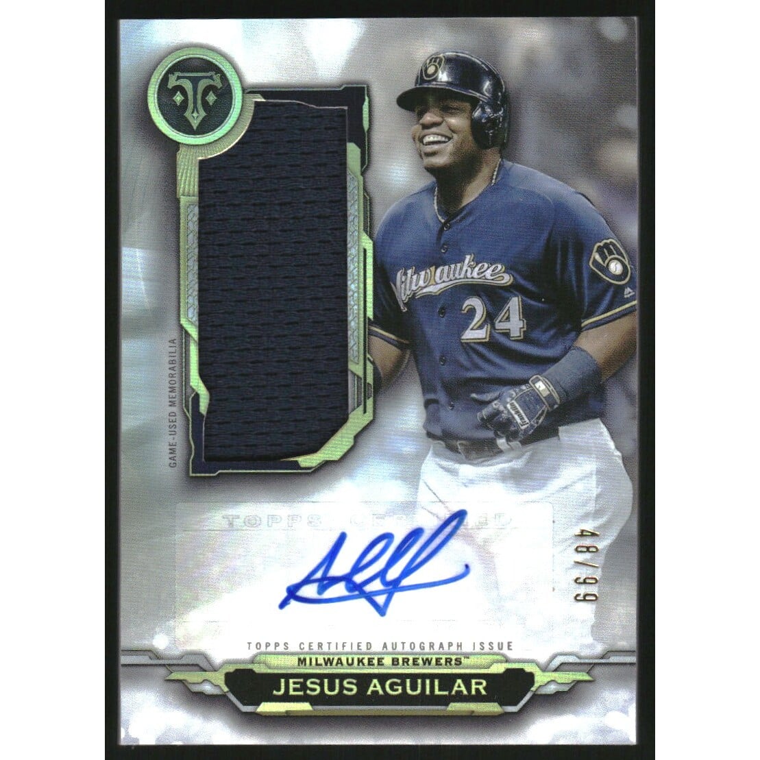 2019 Topps Triple Threads Autograph Jumbo Relics #AUJRJA Jesus Aguilar. rookie card picture